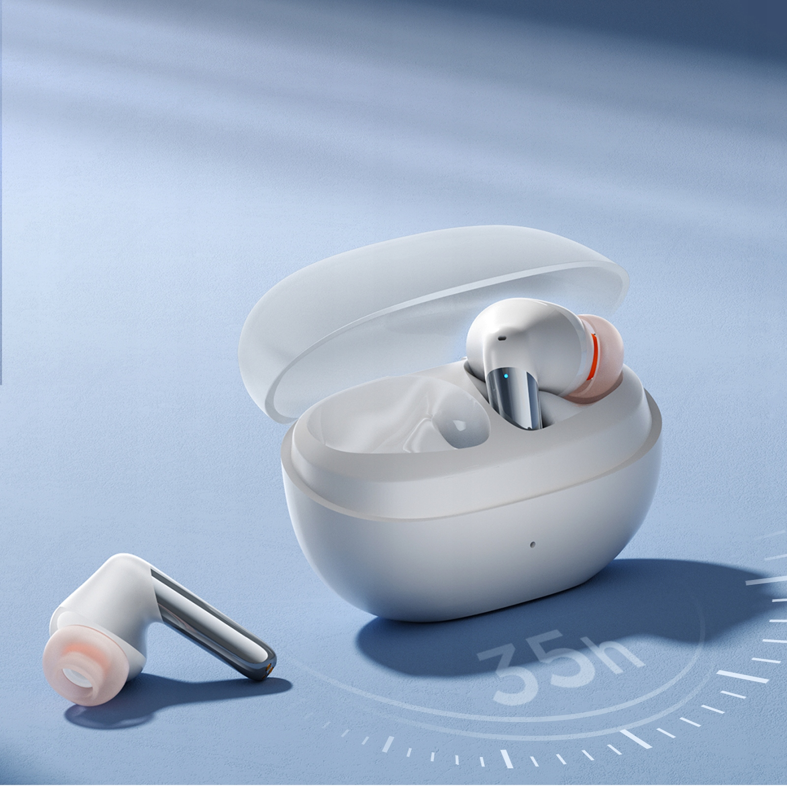 Białe bezprzewodowe słuchawki w etui ładującym, jedna słuchawka osobno. Niebieskie tło z grafiką timera 35h.