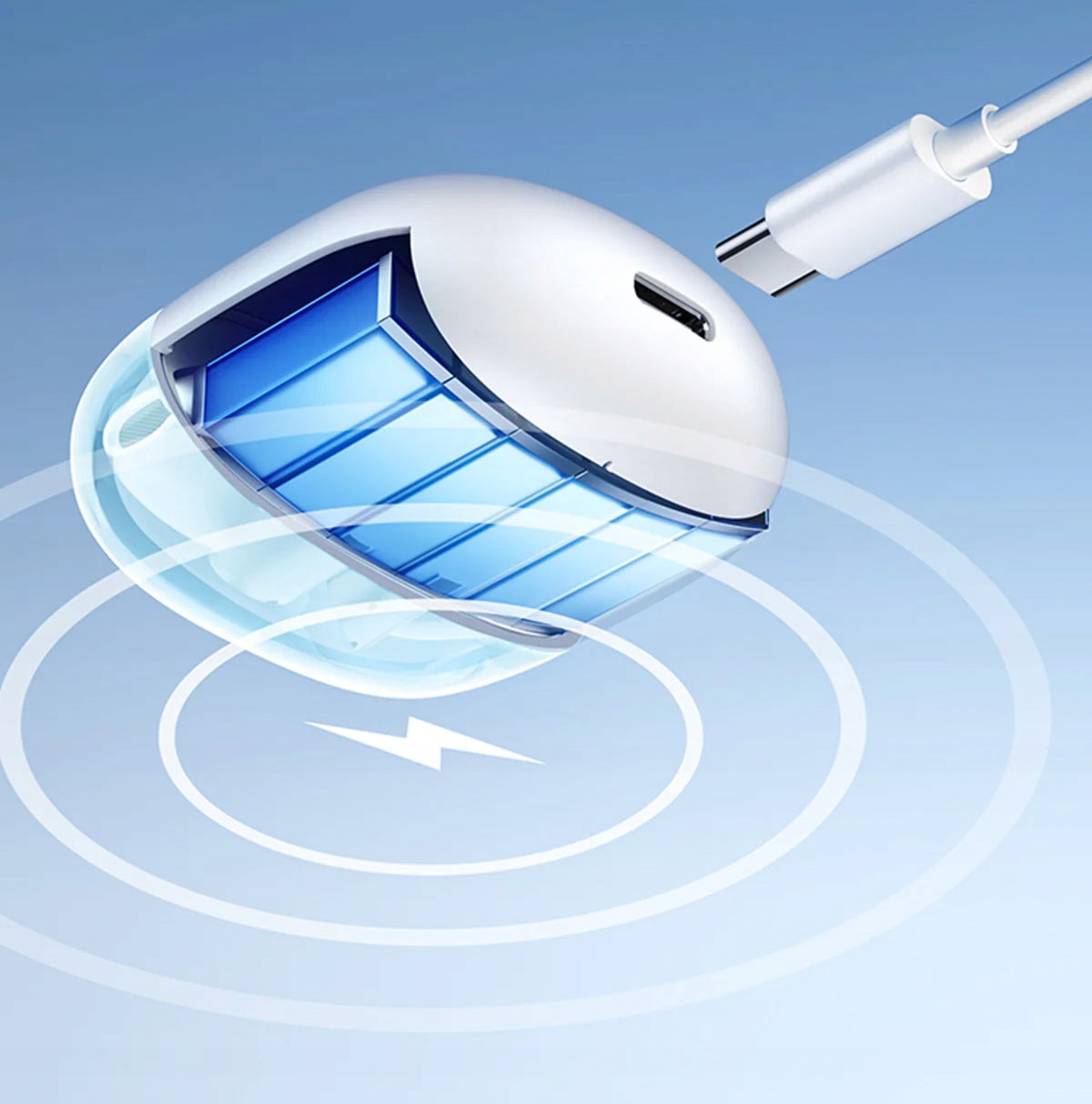 Un dispositivo di ricarica bianco con una batteria blu all'interno, un cavo di ricarica bianco è vicino. Onde di ricarica con un simbolo di fulmine.
