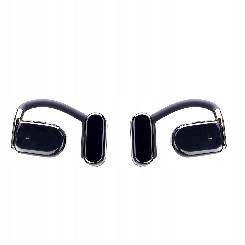 Twee zwarte bone conduction koptelefoons met zilveren accenten op een witte achtergrond. Elk heeft een gebogen ontwerp en afgeronde oortelefoons.