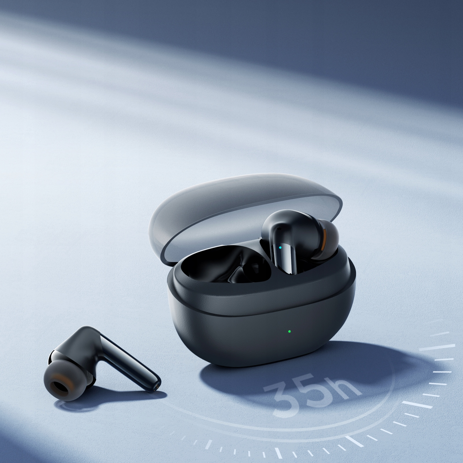 Czarne bezprzewodowe słuchawki w otwartym etui. Jedna słuchawka jest oddzielona. Tło jest jasnoniebieskie.