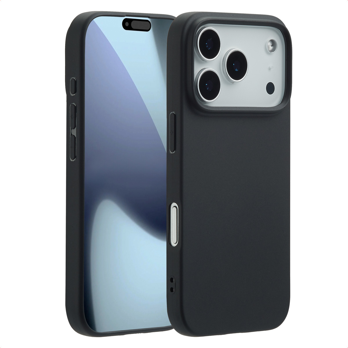 Zwarte smartphone met beschermhoes. De telefoon wordt van voren en van achteren getoond met camera en scherm.