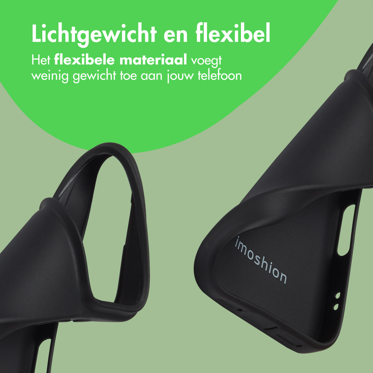 Zwarte telefoonhoesonderdelen op een groene achtergrond. Boven staat: 'Lichtgewicht en flexibel'.