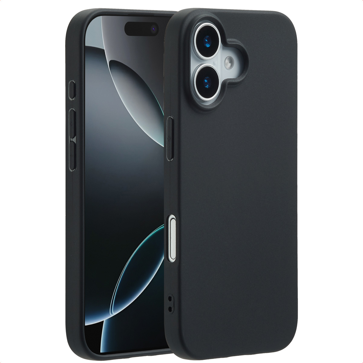 Téléphone noir avec étui. L'étui couvre l'arrière et les côtés du téléphone, montrant les objectifs de la caméra et les boutons.