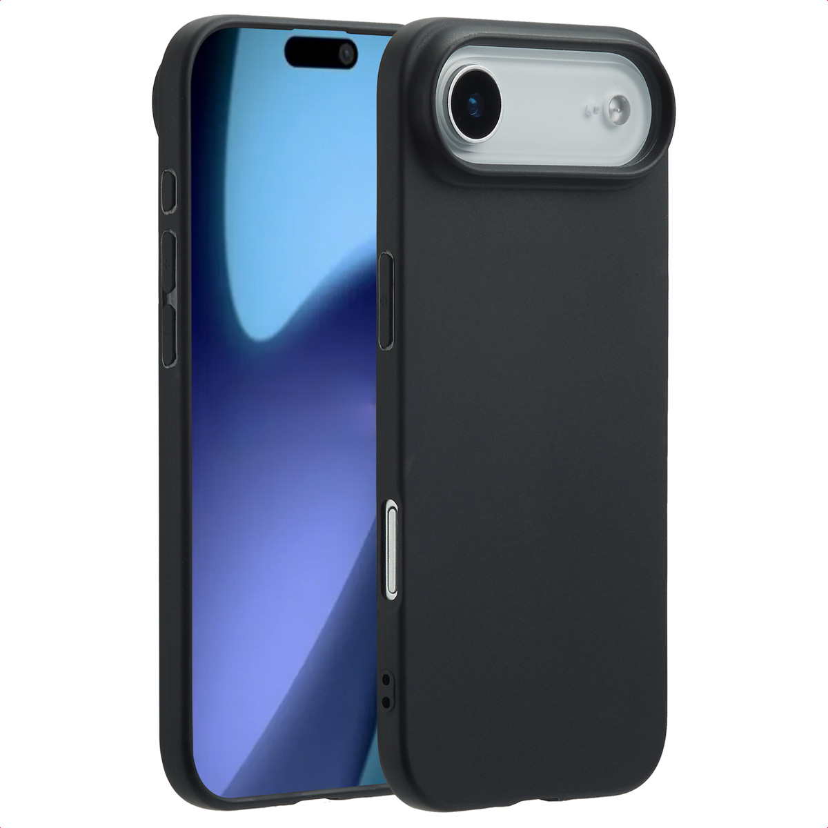 Coque de téléphone noire avec téléphone dedans. L'écran est bleu. La coque a une découpe pour la caméra et des boutons latéraux.