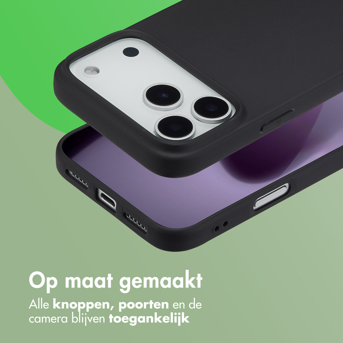 Custodia nera su schermo viola. La custodia copre il retro del telefono. Sfondo verde con testo olandese in basso.