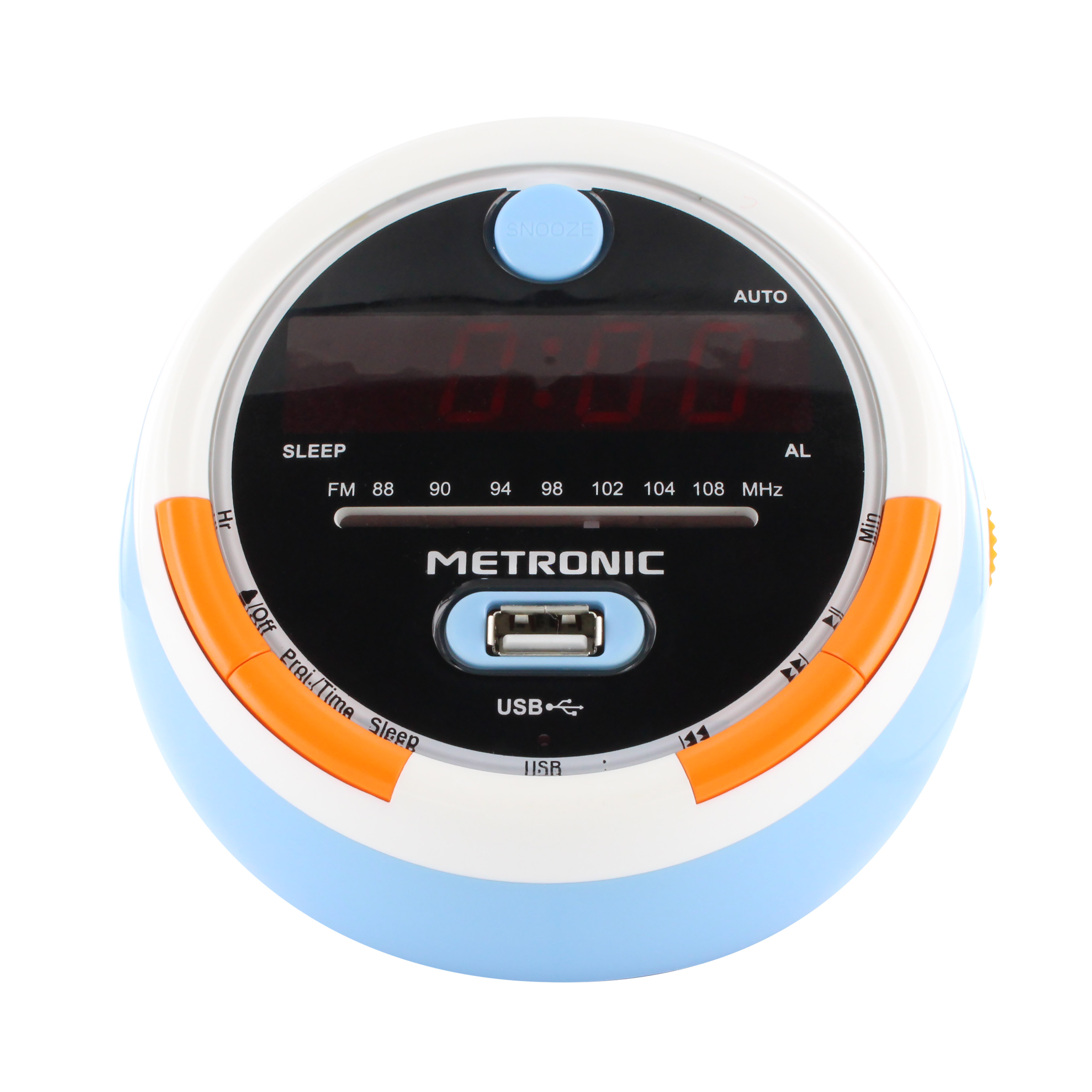 Un despertador Metronic azul, blanco y naranja. Tiene una pantalla digital que muestra la hora y las frecuencias de radio.