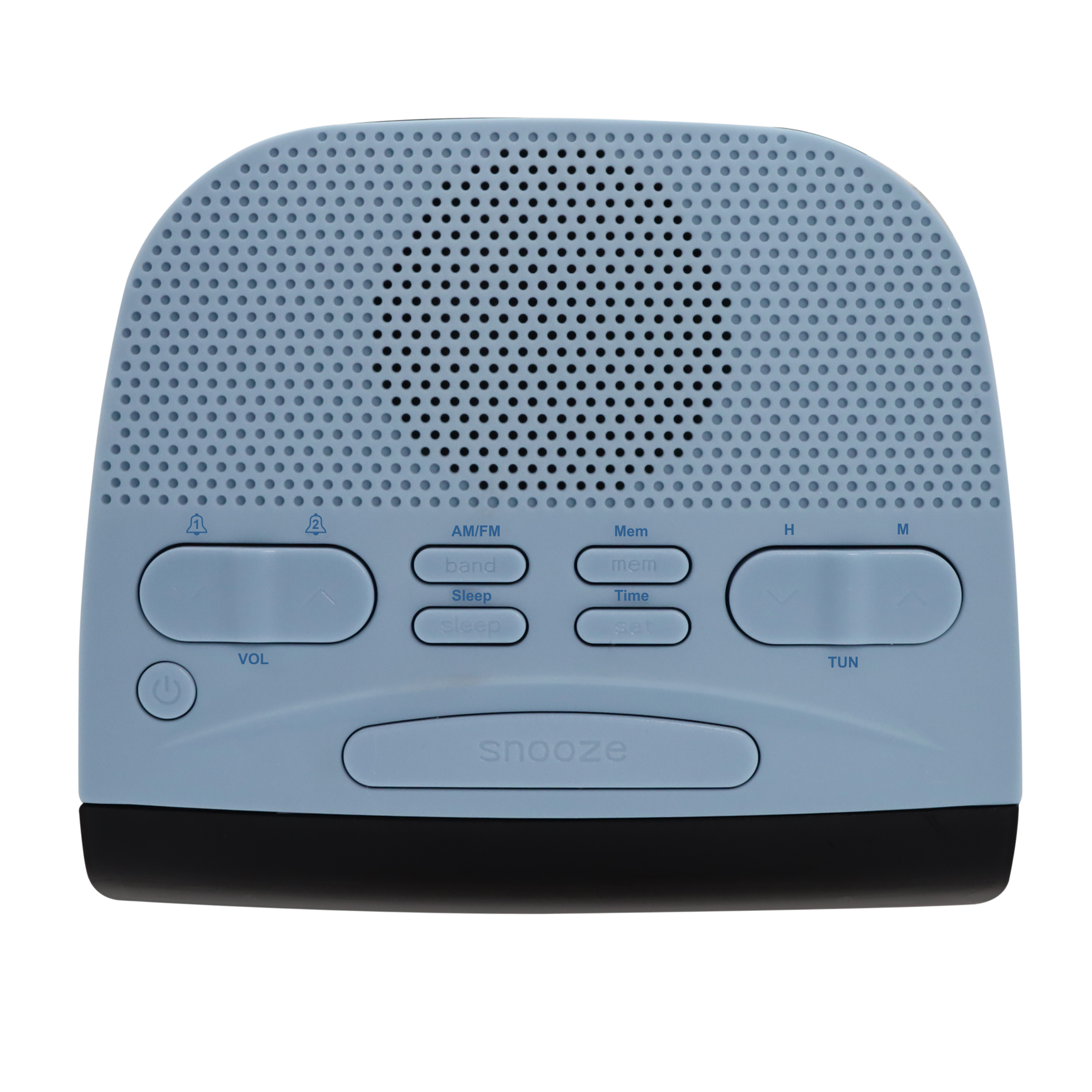 Un despertador azul claro con botones, un altavoz y un botón de repetición. La base es negra.