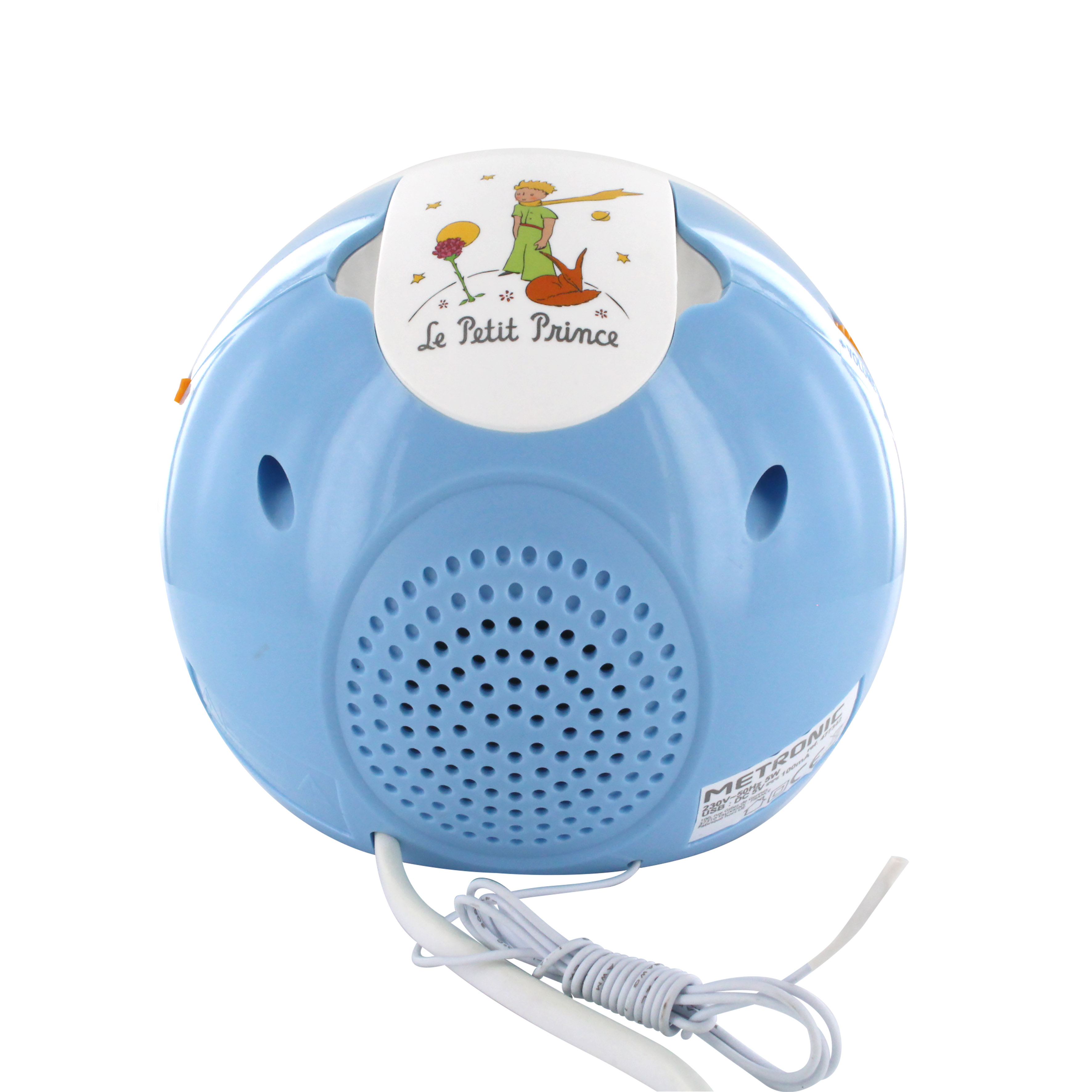 Un monitor para bebés azul y esférico con altavoz. Tiene un diseño de El Principito y un cable blanco.