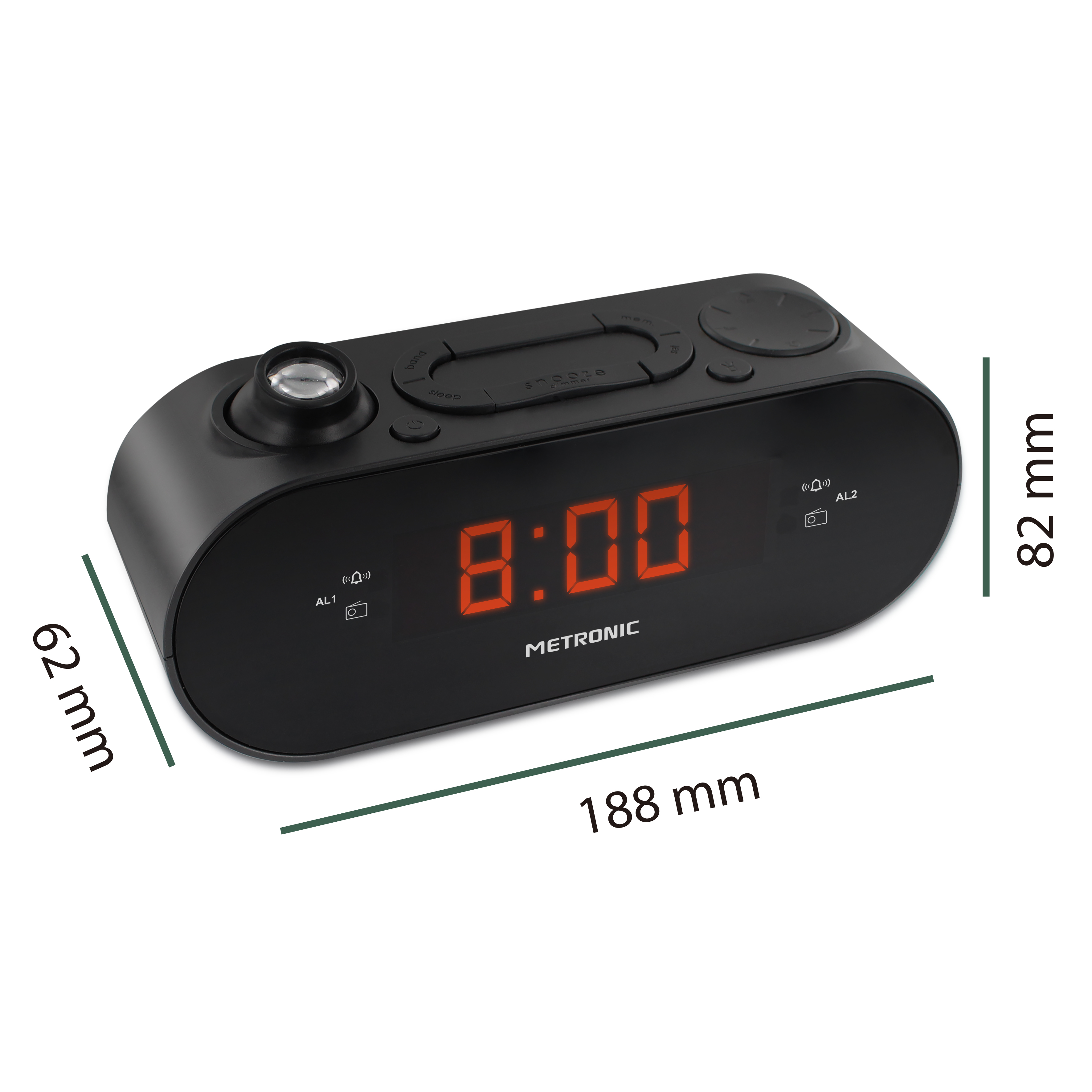 Despertador negro con pantalla digital roja que muestra las 8:00. Se indican las dimensiones. Se ven botones y una lente de proyector.