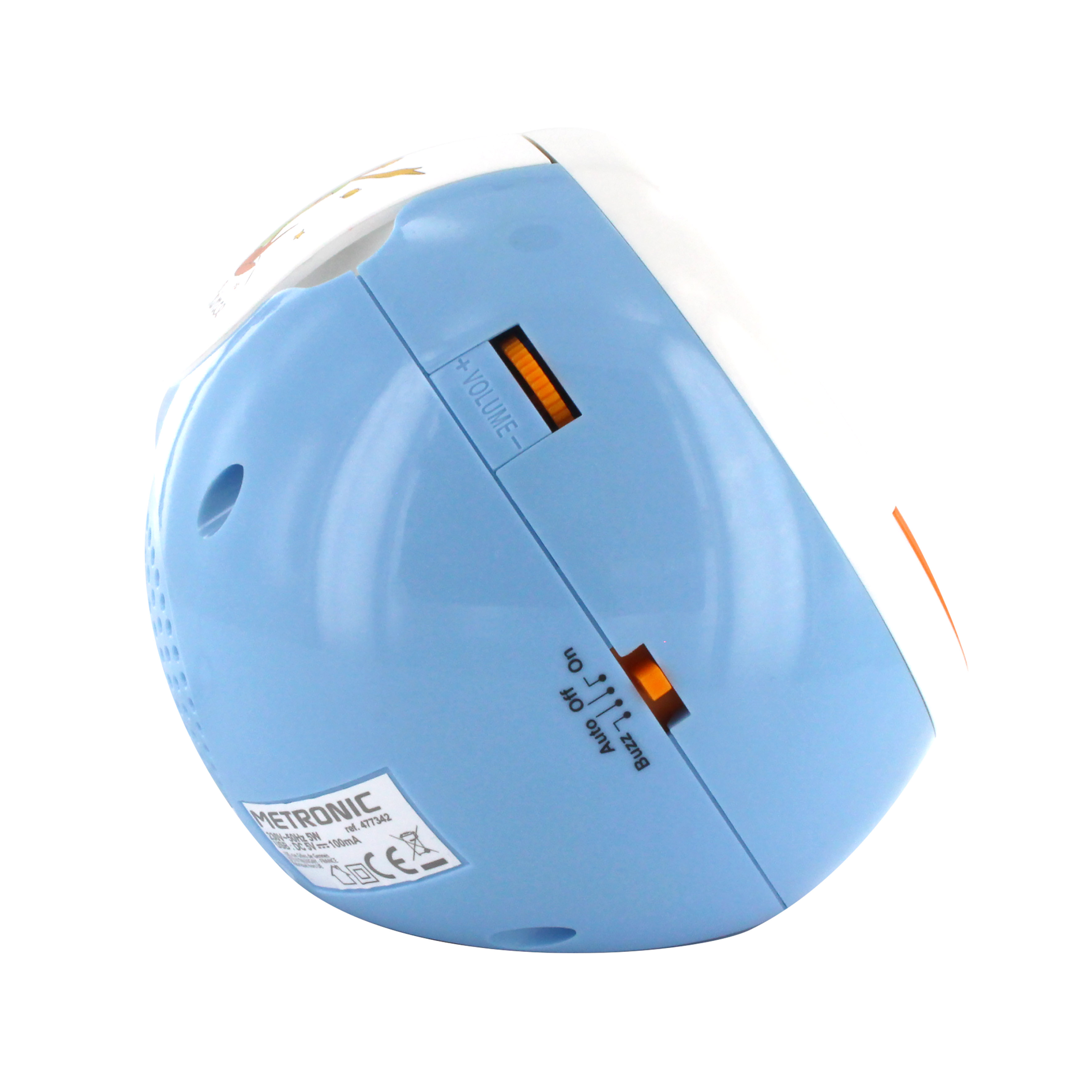 Un despertador Metronic azul. Tiene control de volumen, un interruptor de encendido/apagado y un ajuste de zumbido. El fondo es blanco.