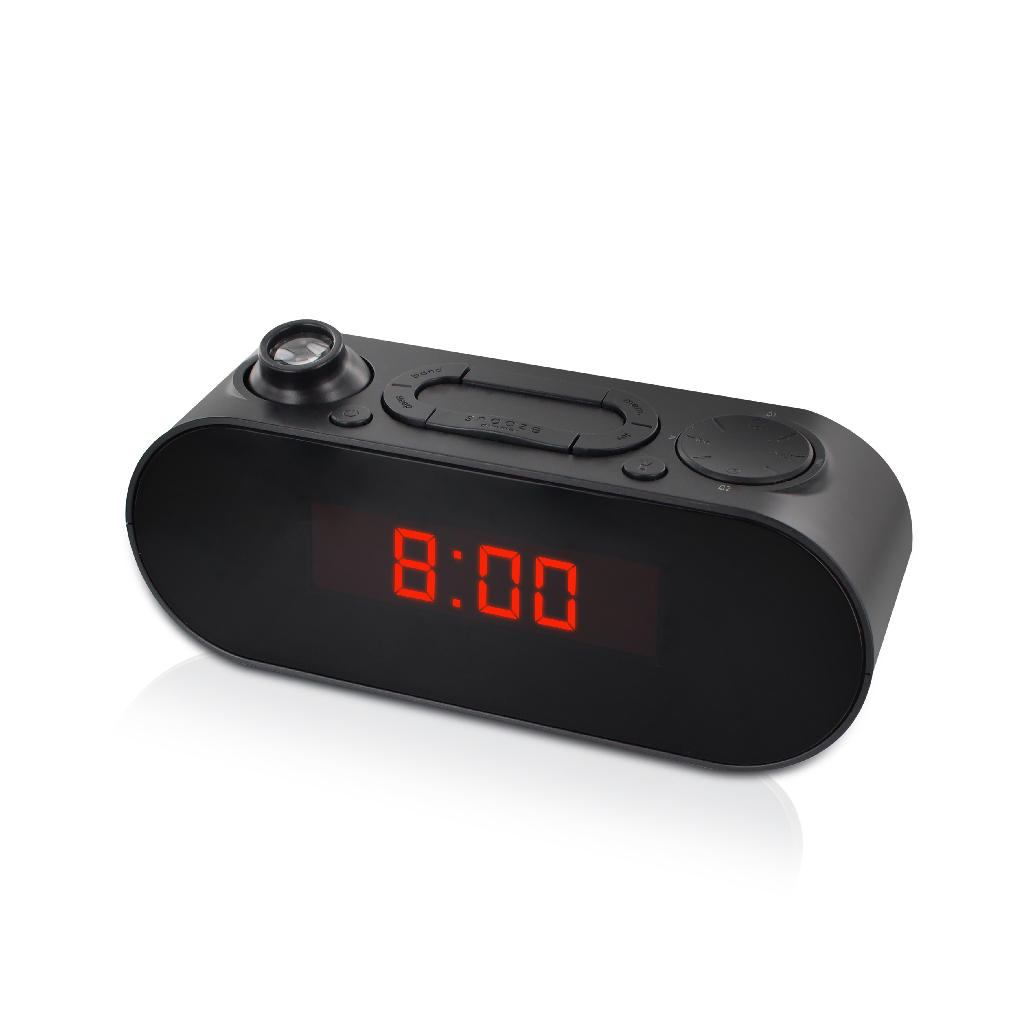 Un reloj despertador digital negro muestra las 8:00 en rojo. Tiene botones para snooze, banda y ajuste de hora.