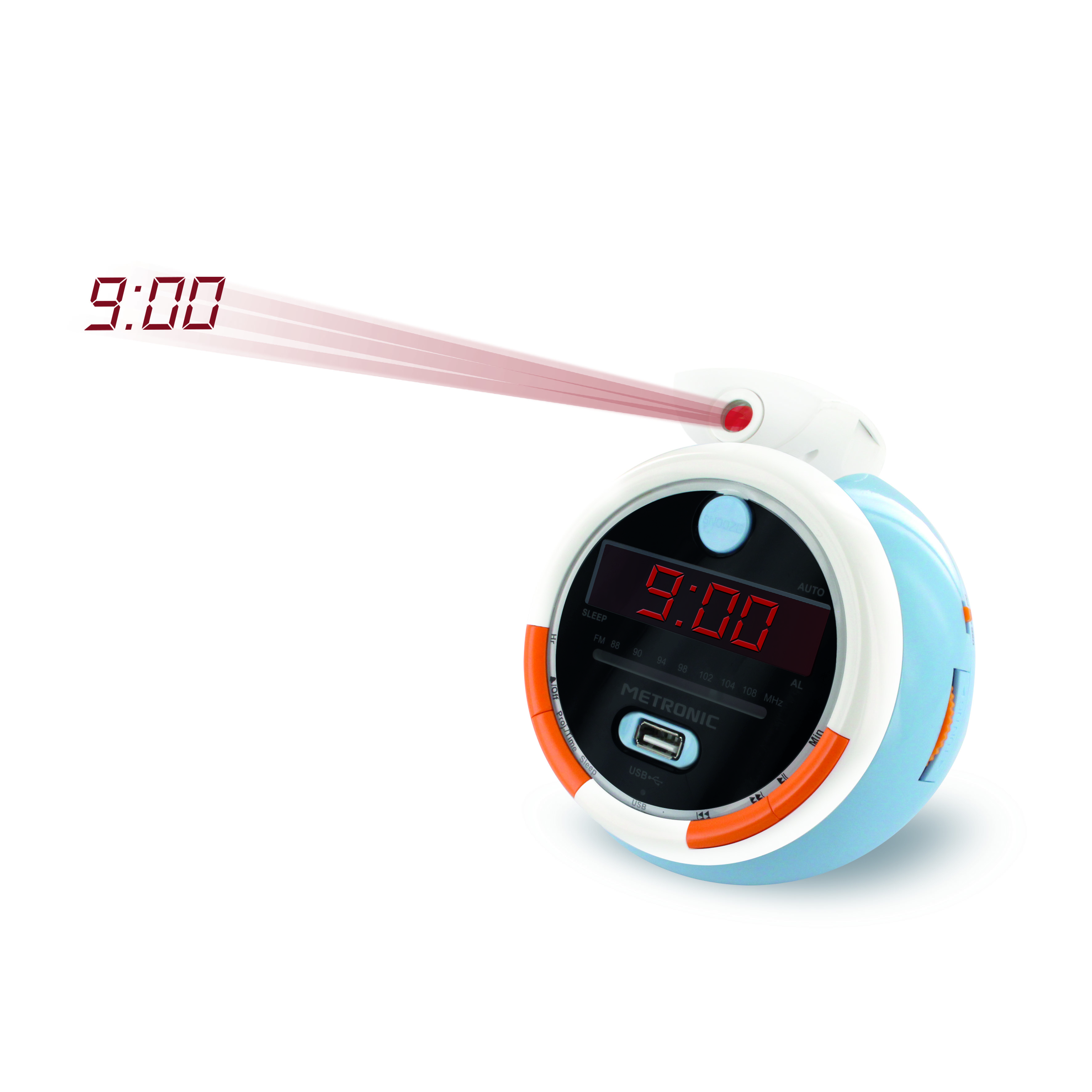 Un reloj digital azul, blanco y naranja con la hora 9:00. Una proyección roja apunta desde el reloj.