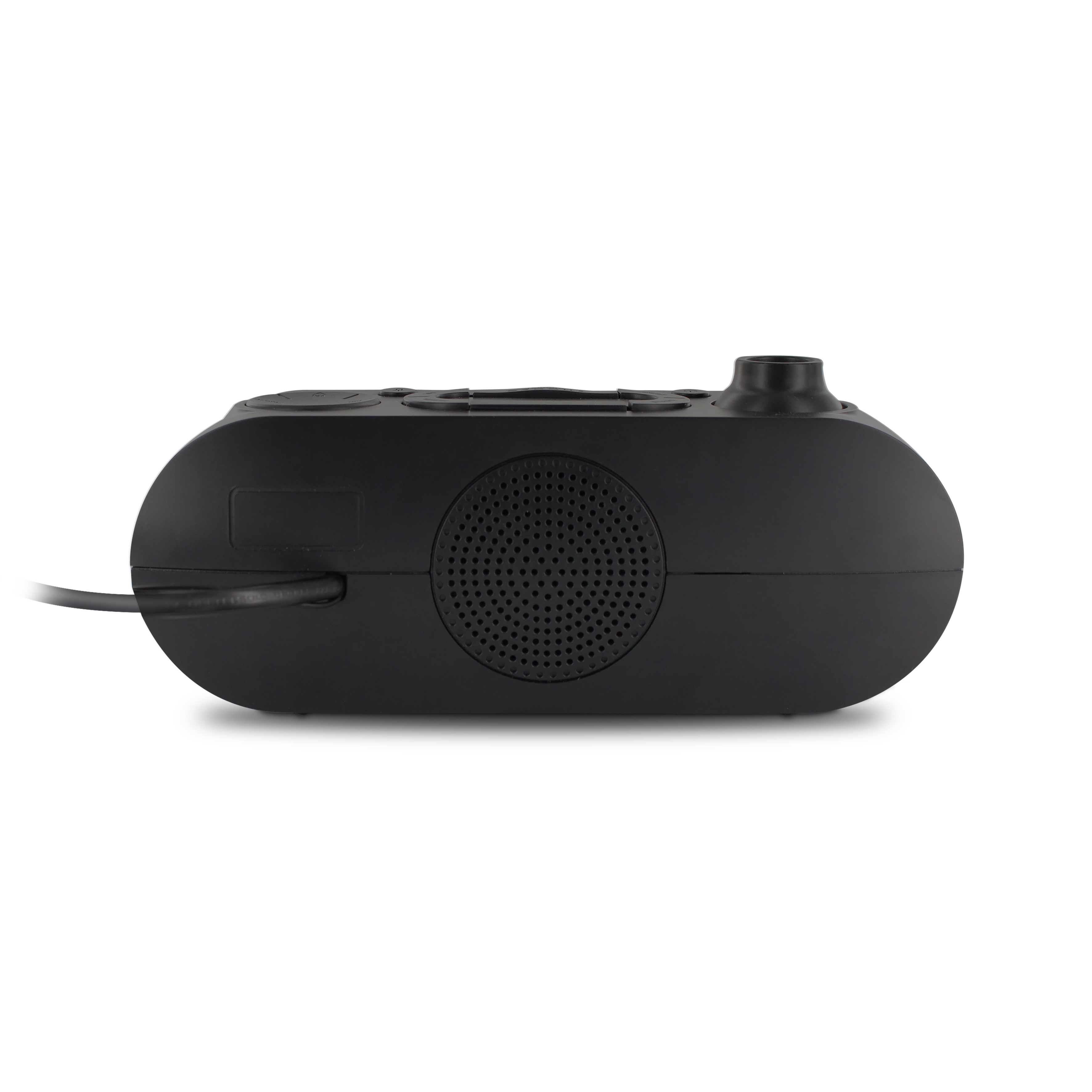 Altavoz negro con diseño redondeado. Tiene rejilla, botones, cable y una boquilla.