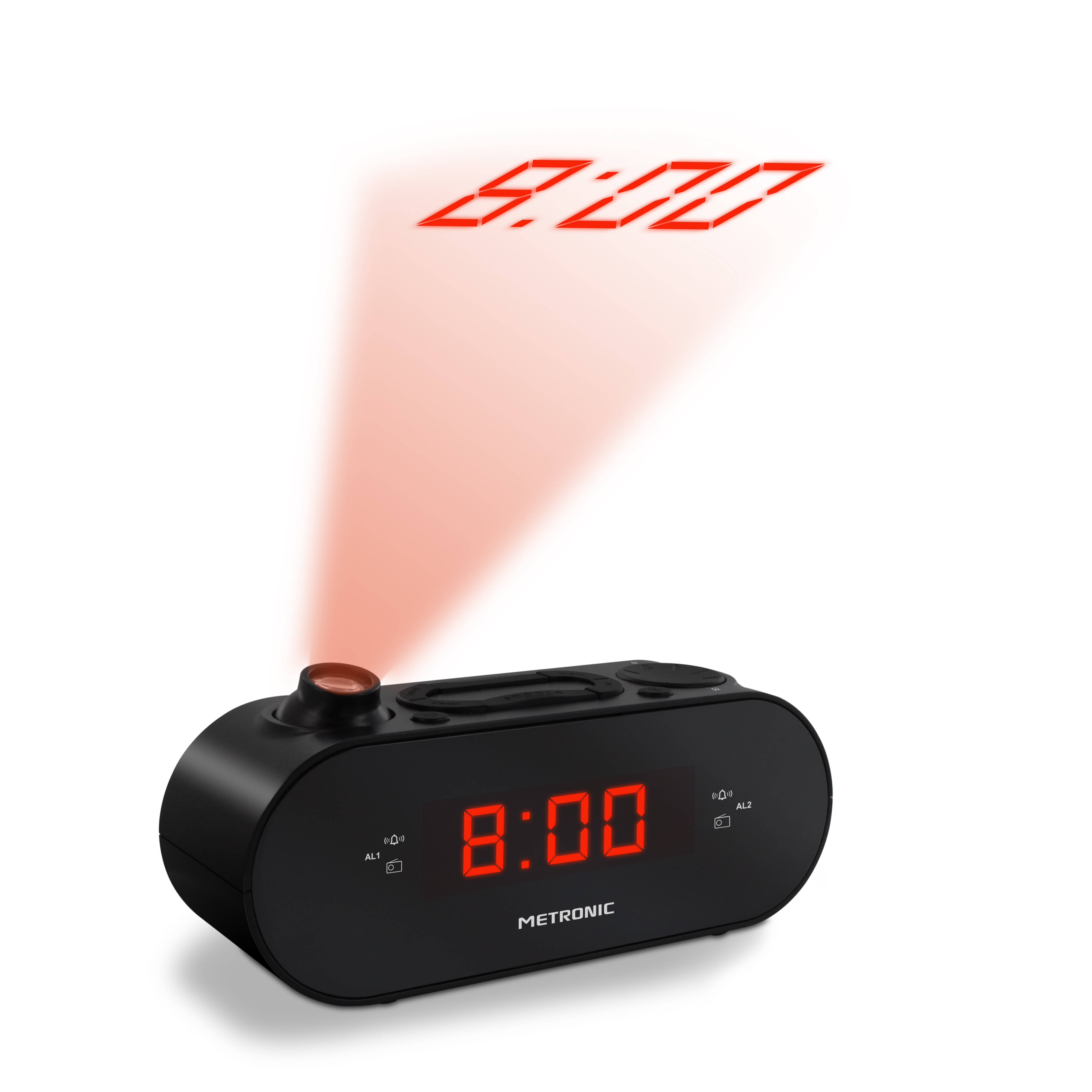 Reloj despertador negro con pantalla digital roja que muestra las 8:00. Una proyección muestra la hora 5:22. Fondo blanco.
