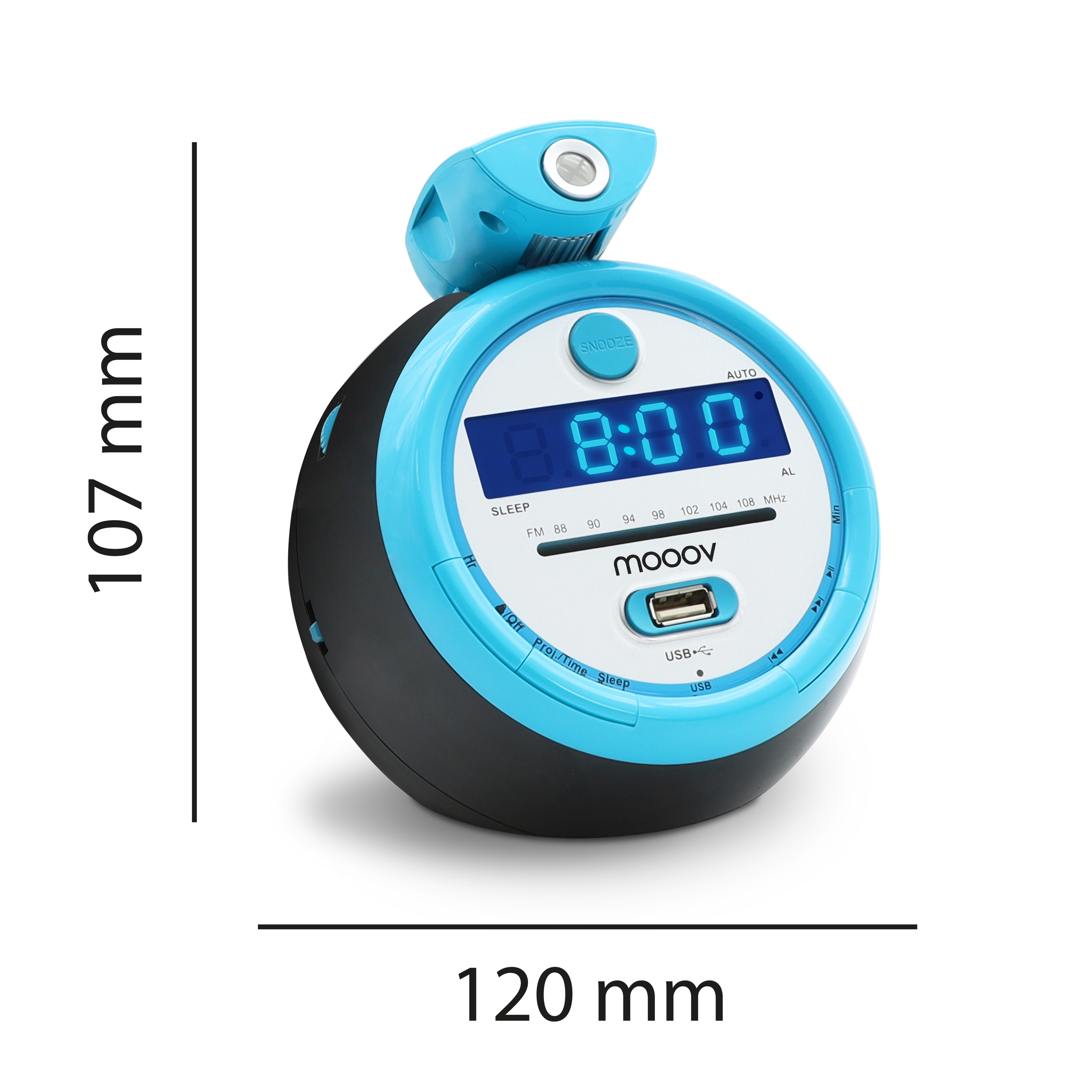 Un reloj despertador digital con diseño azul y negro, mostrando la hora 8:00. Tiene botón de repetición y puerto USB.