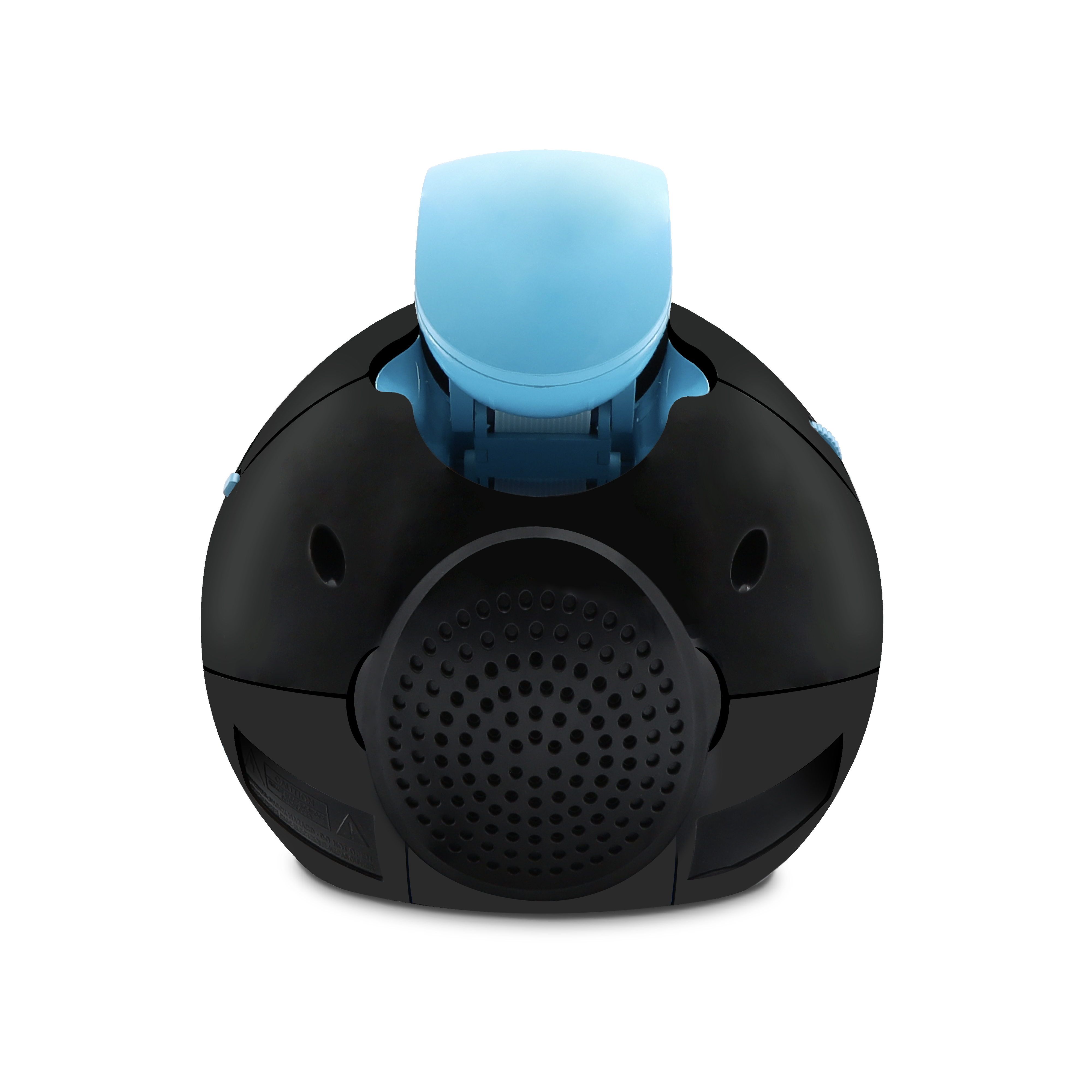 Un dispositivo negro con la parte superior azul claro. Tiene forma redonda con una malla similar a un altavoz en el frente.