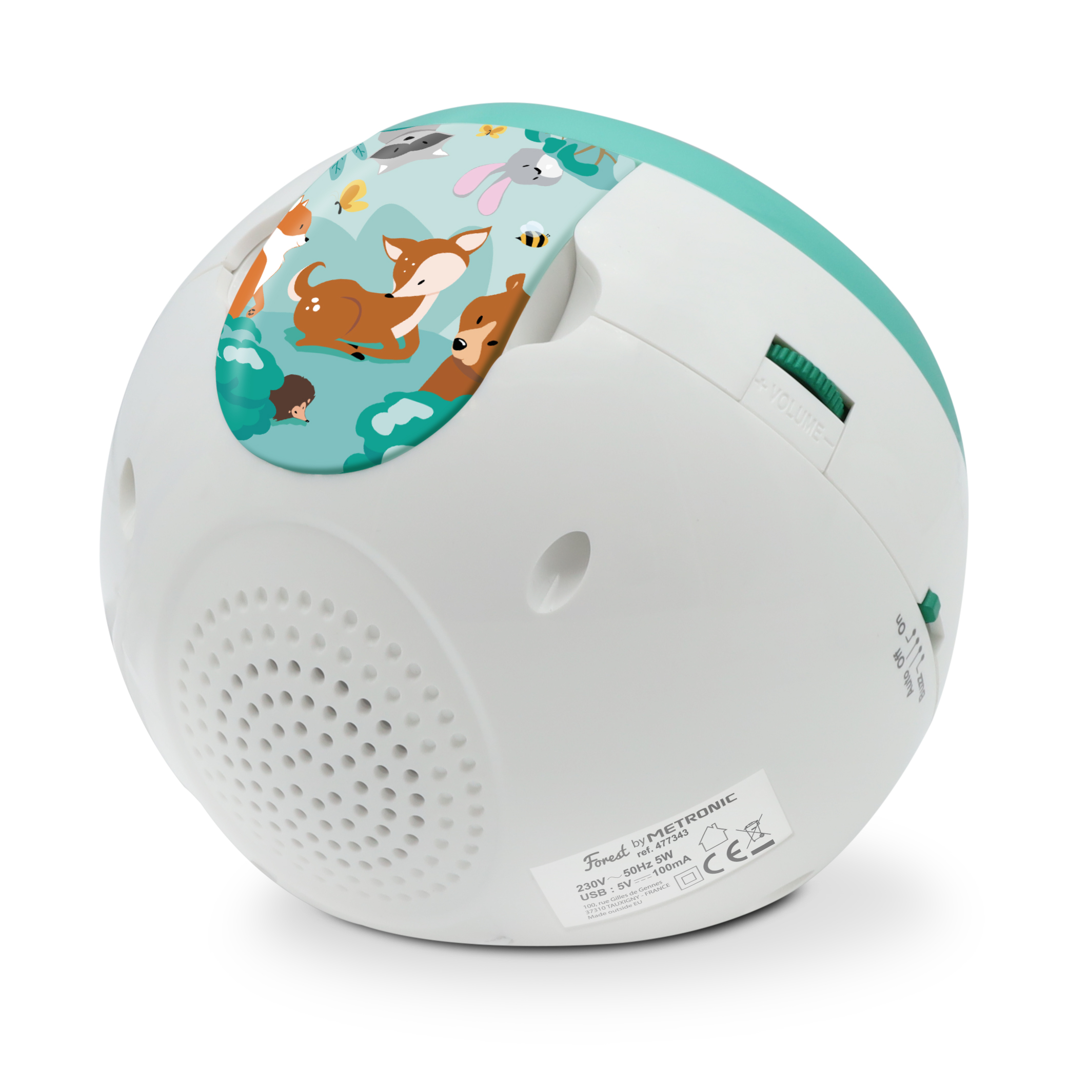 Una máquina de sonido redonda y blanca con animales del bosque en la parte superior, un dial de volumen y un interruptor de encendido/apagado. El altavoz está en la parte inferior.