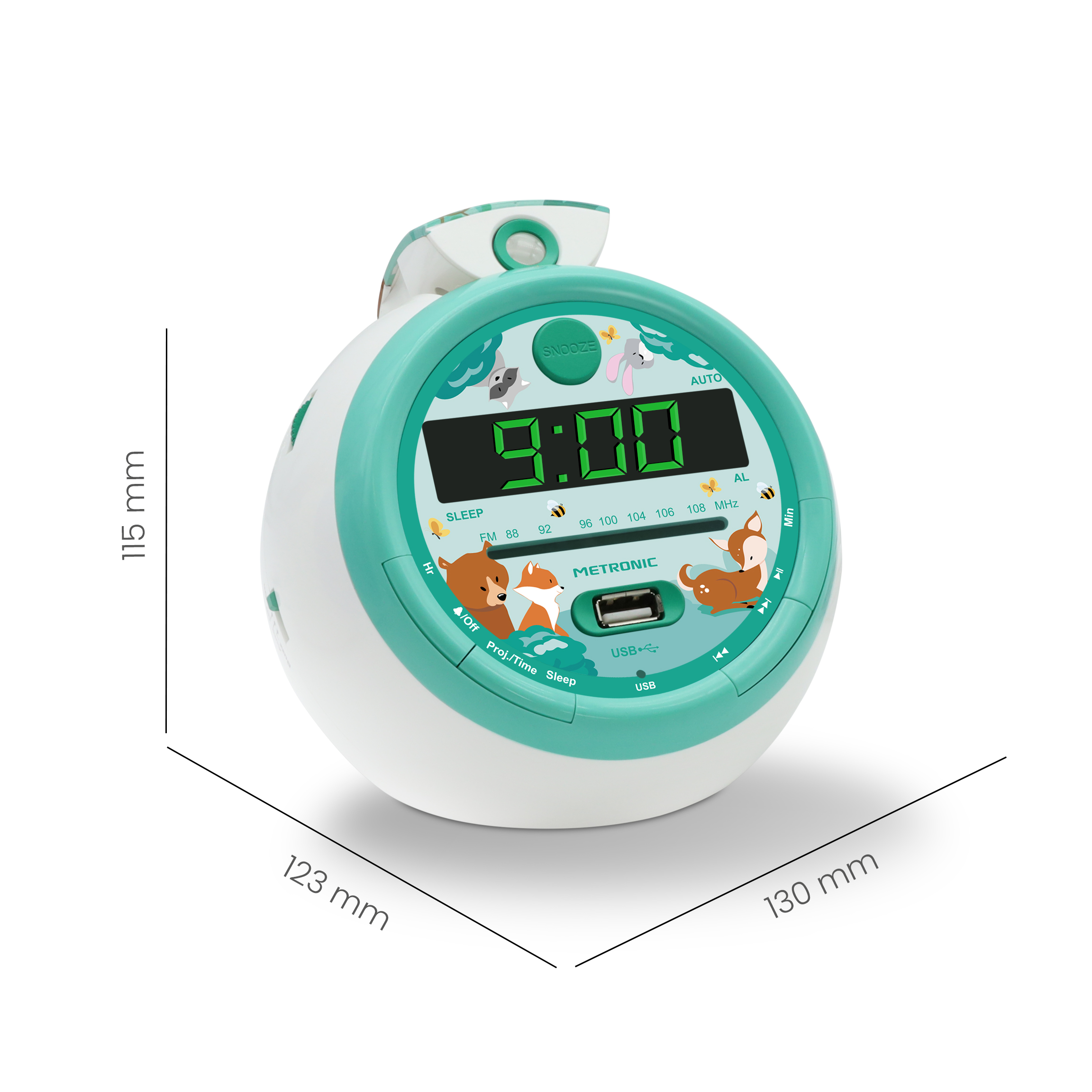 Un despertador Metronic blanco y verde azulado con pantalla digital a las 9:00. Tiene ilustraciones de animales y se muestran las dimensiones.