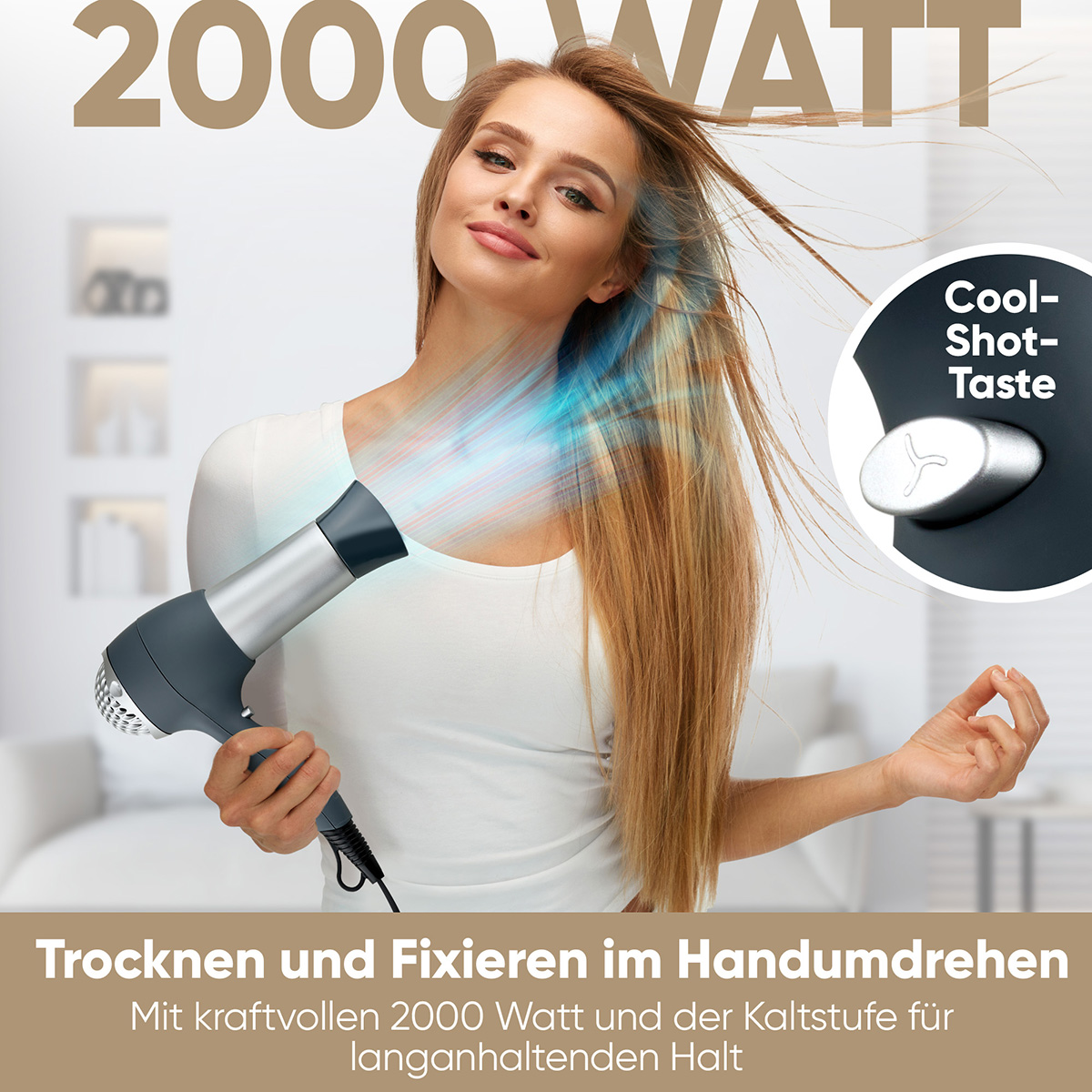 Kobieta z długimi włosami używa ciemnoszarej suszarki do włosów. Tekst: 2000 WATT, Cool-Shot-Taste i Trocknen und Fixieren im Handumdrehen.