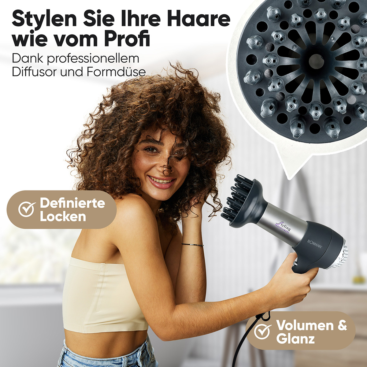 Kobieta uśmiecha się, trzymając suszarkę. Tekst mówi 'Stylizuj włosy jak profesjonalista'. Widoczna suszarka i dyfuzor.