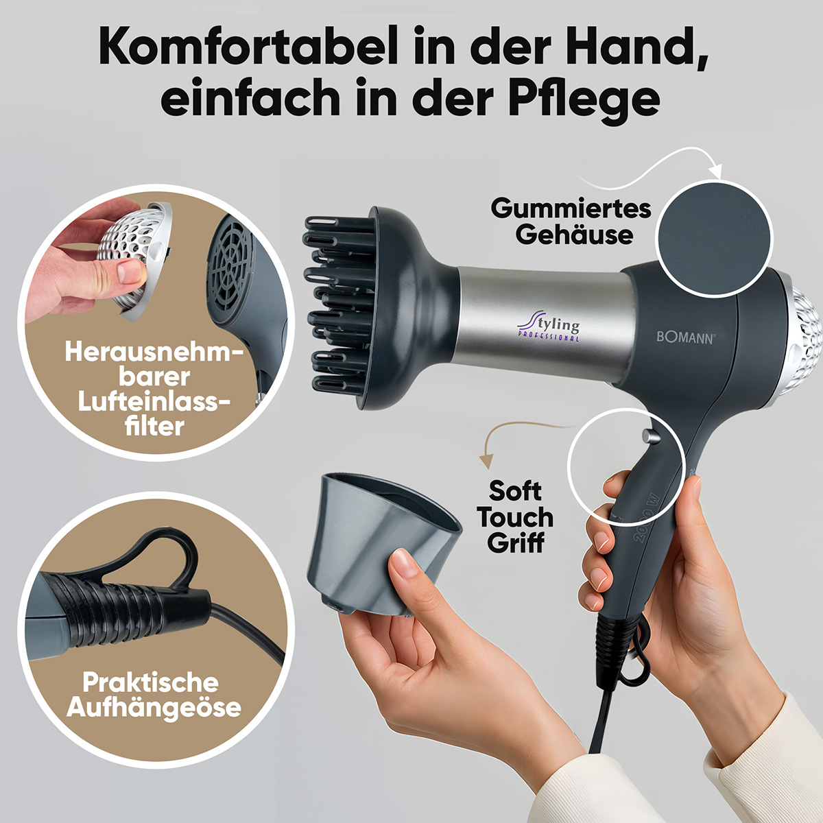 Szara suszarka do włosów z odłączanymi częściami i niemieckimi etykietami tekstowymi. Ręce trzymają lub wskazują na różne części.