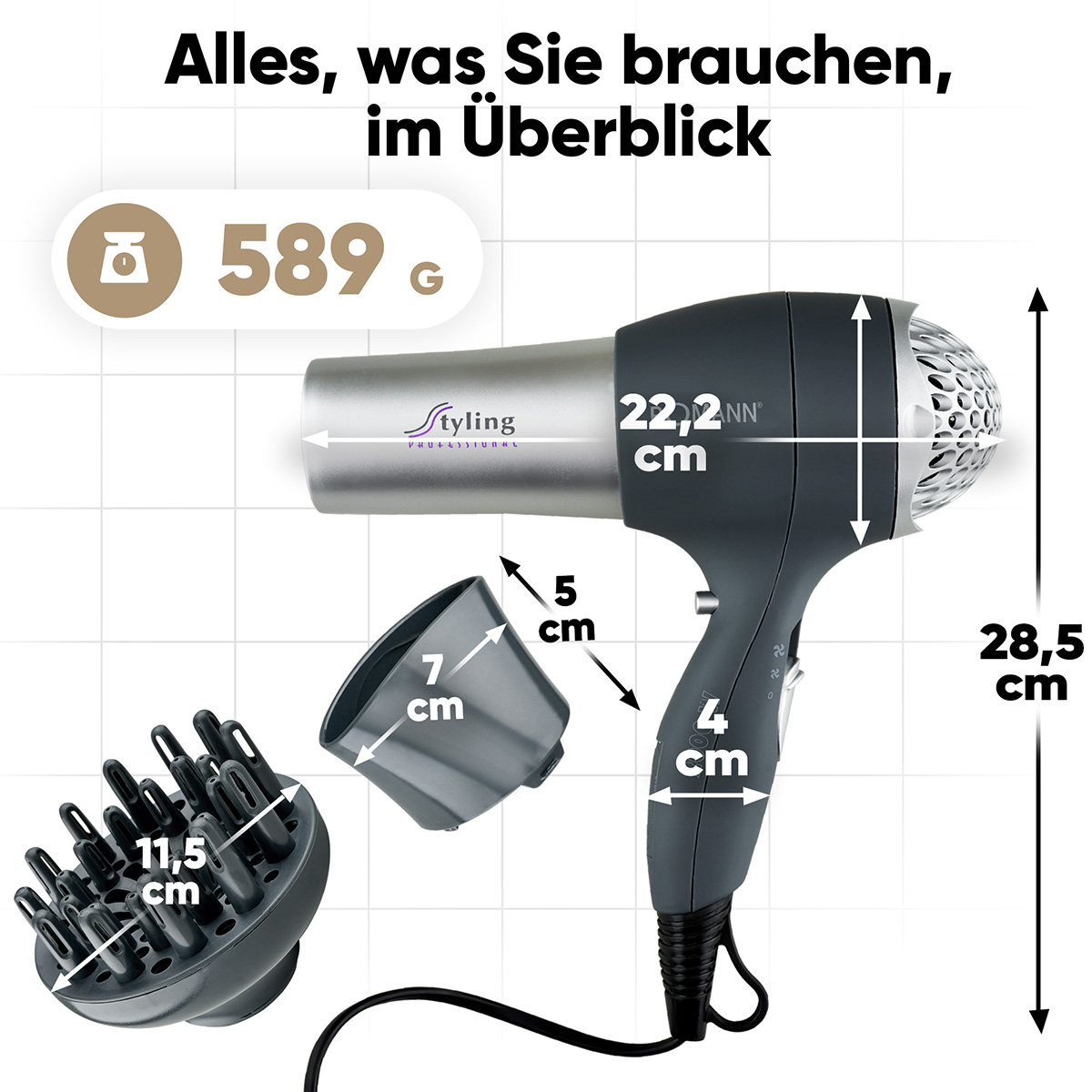 Wyświetlona jest szara i srebrna suszarka do włosów z nasadkami. Podano wymiary i wagę. Tekst powyżej brzmi 'Alles, was Sie brauchen, im Überblick'.