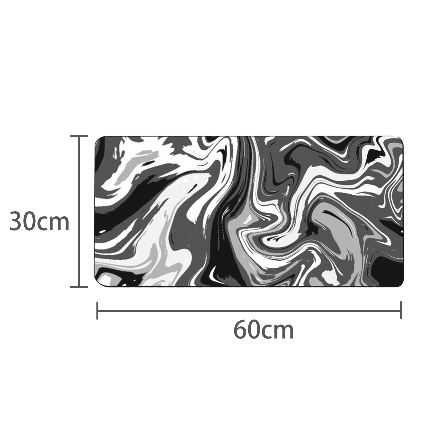 Un tapis de souris rectangulaire avec un motif de marbre en niveaux de gris. Dimensions : 30 cm sur 60 cm. Mesures indiquées par des lignes et du texte.