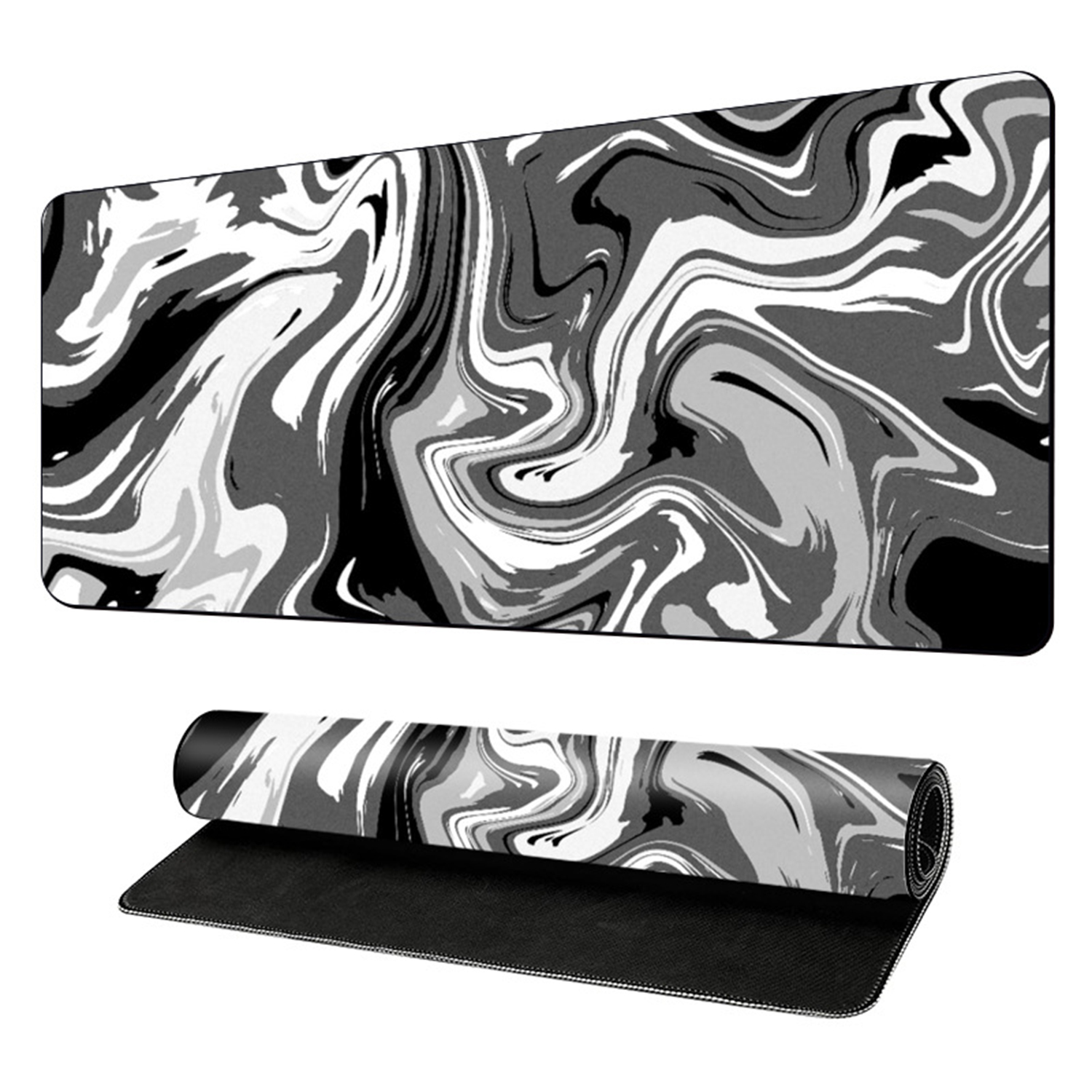 Un tapis de souris à motif marbré noir et blanc, enroulé et déroulé. Le bas est noir, le haut est un motif tourbillonnant.