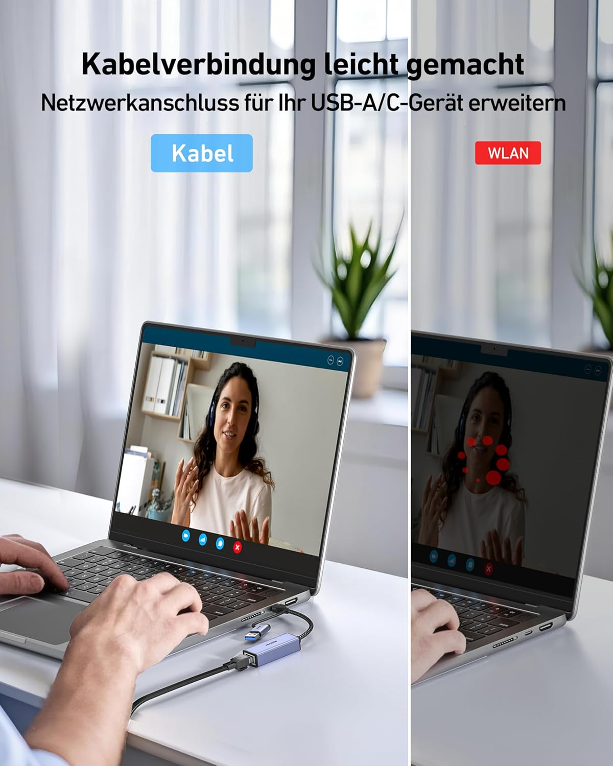 Laptop mit Kabel verbunden. Eine Frau ist in einem Videoanruf. Text sagt 'Kabelverbindung leicht gemacht' und 'WLAN'.