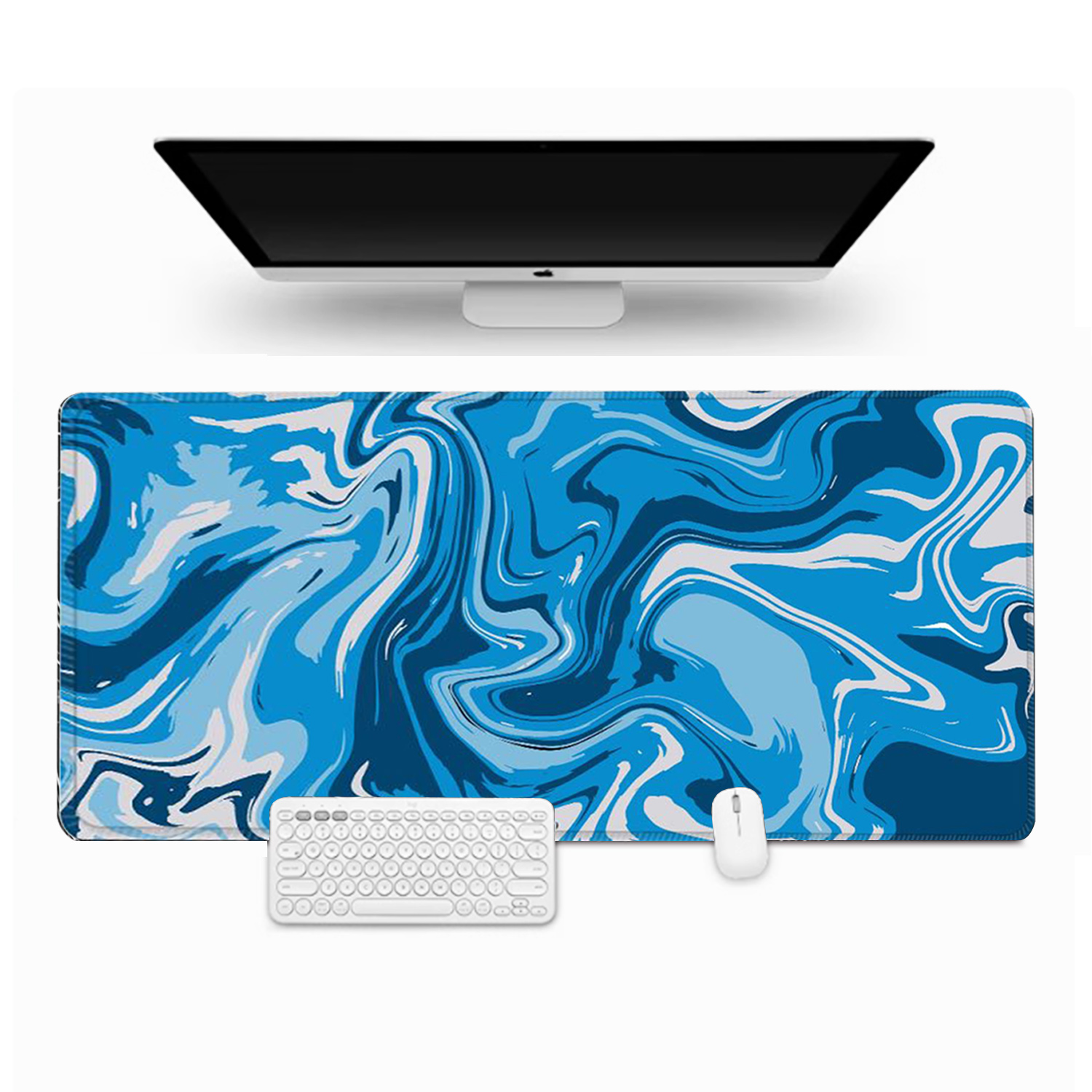 A computer setup with a monitor above a blue marble-patterned mousepad. Keyboard and mouse are on the pad.