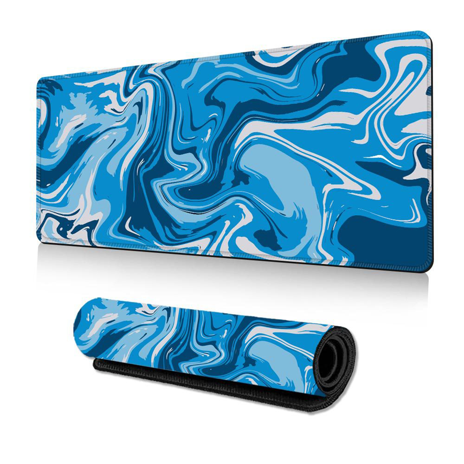 Blue marble patterned mousepad, rectangular and rolled up. White background. Black border.