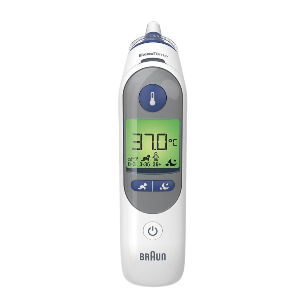 Ein weißes und graues Braun-Ohrthermometer zeigt 37,0 °C an. Der Bildschirm hat Symbole. Das Thermometer hat eine Exactemp-Taste und eine Ein-/Aus-Taste.