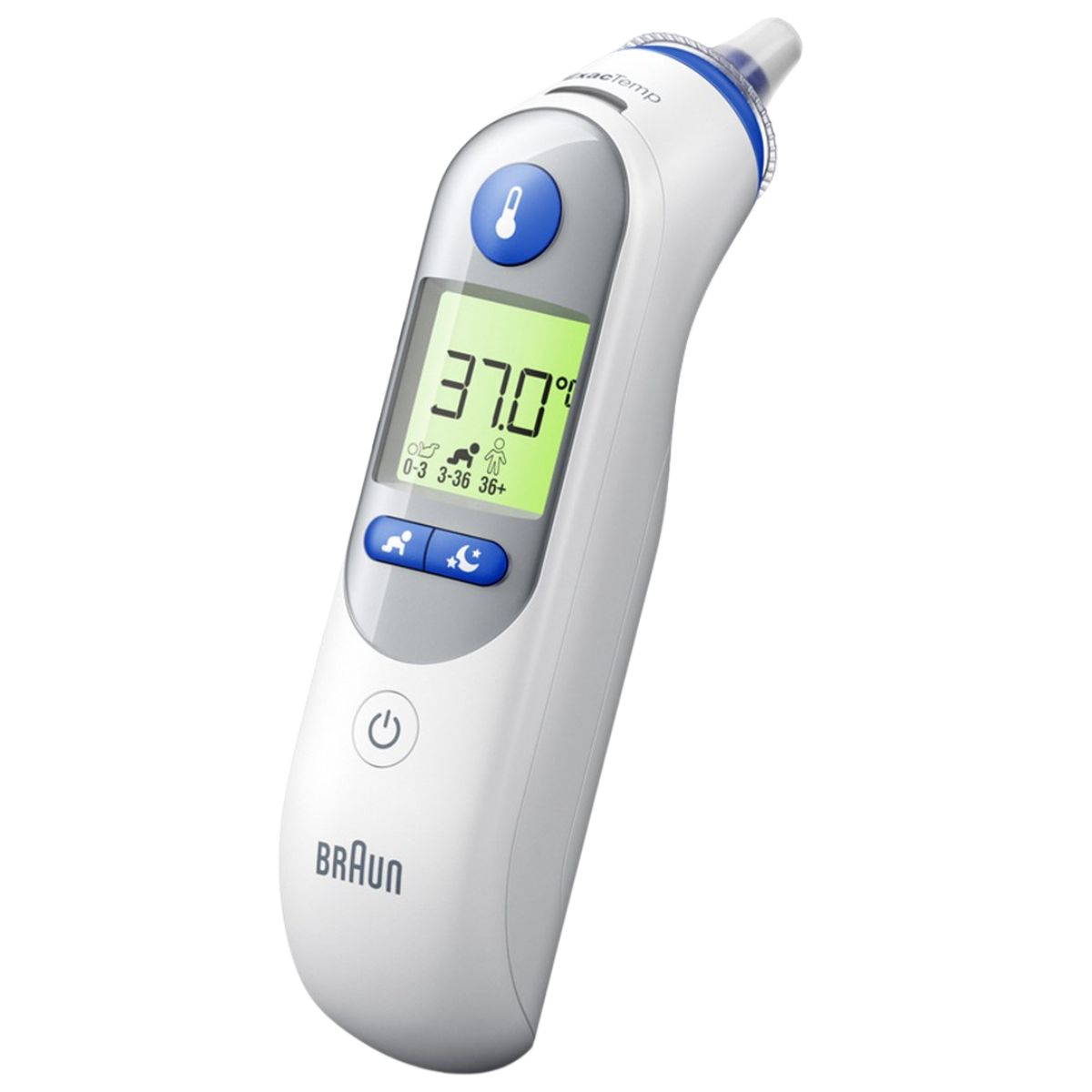Ein weißes und graues Braun-Ohrthermometer zeigt 37,0 Grad an. Es hat blaue Knöpfe und einen digitalen Bildschirm mit Altersbereichssymbolen.