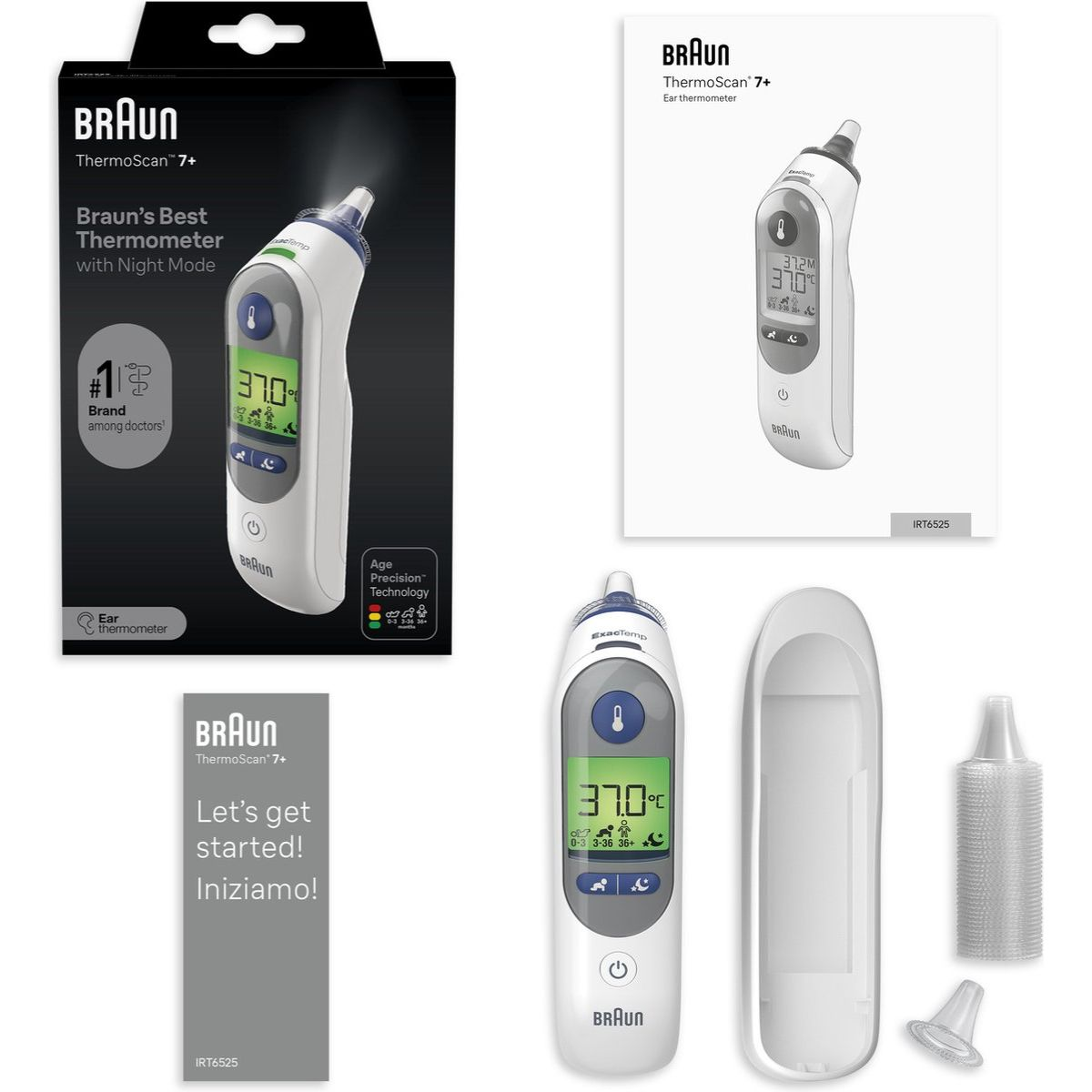 Ein Braun ThermoScan 7+ Ohrthermometer, Schachtel, Handbuch und Zubehör werden angezeigt. Das Thermometer zeigt eine Temperatur von 37,0 Grad.