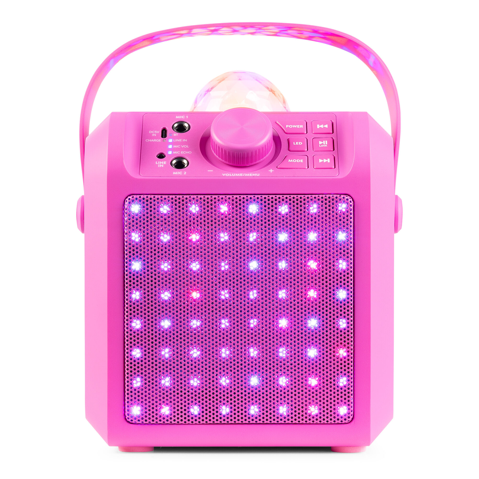 Altavoz rosa con asa, botones, luces y una bola de discoteca en la parte superior. El panel frontal tiene muchos agujeros.