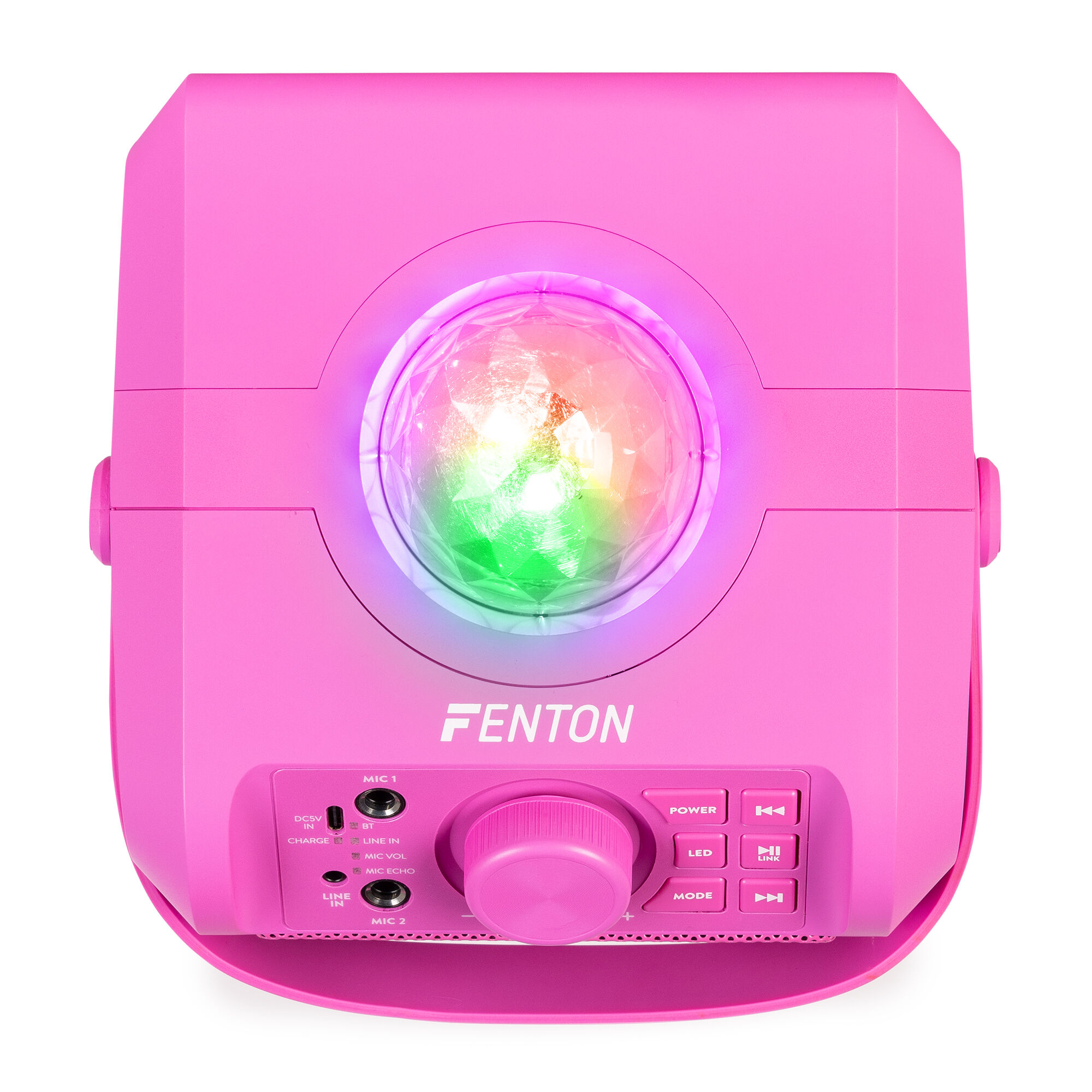 Altavoz rosa Fenton con una bola de discoteca central. Tiene botones y puertos. El fondo es blanco.