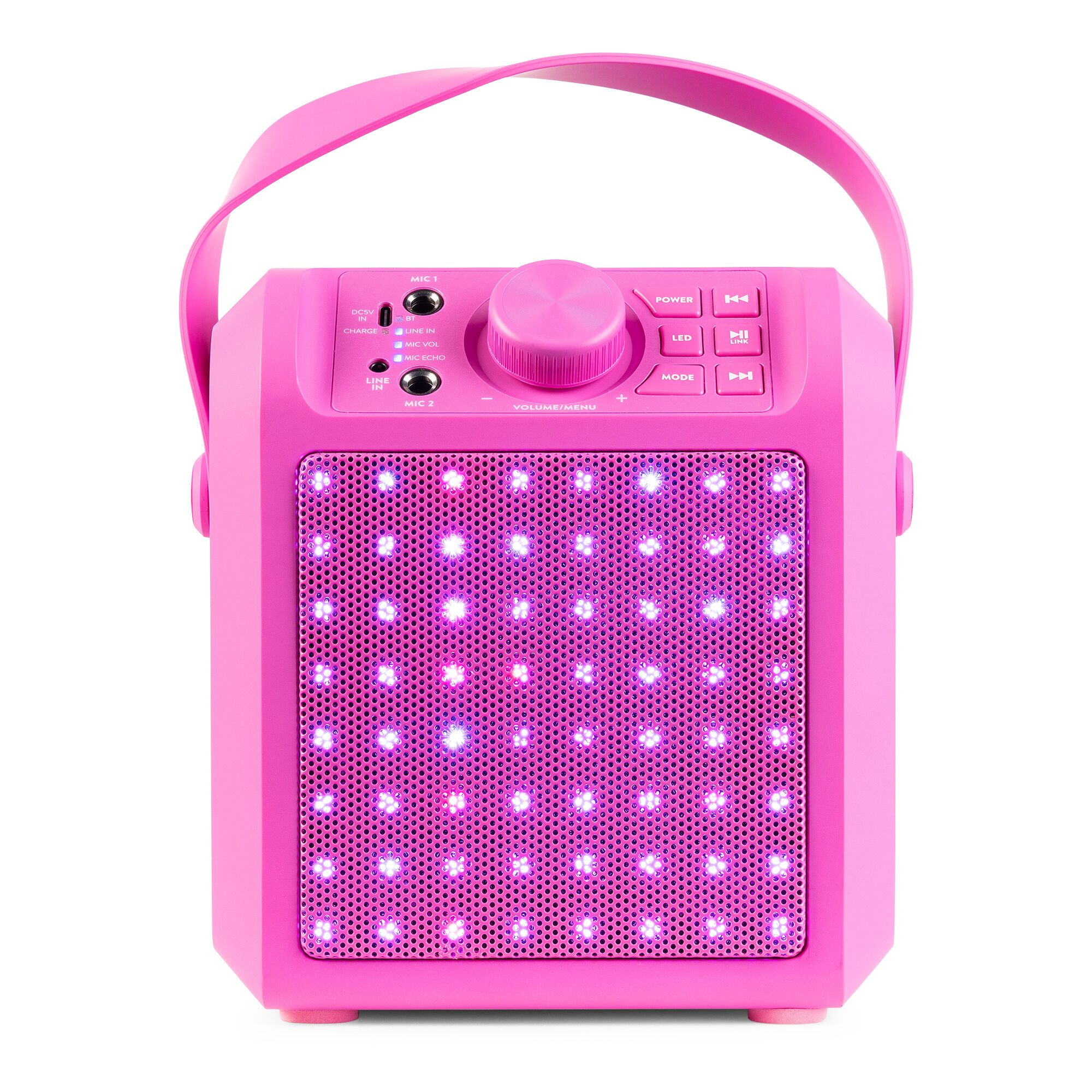 Altavoz rosa con asa. Tiene botones, una perilla de volumen y una rejilla de altavoz con luces.