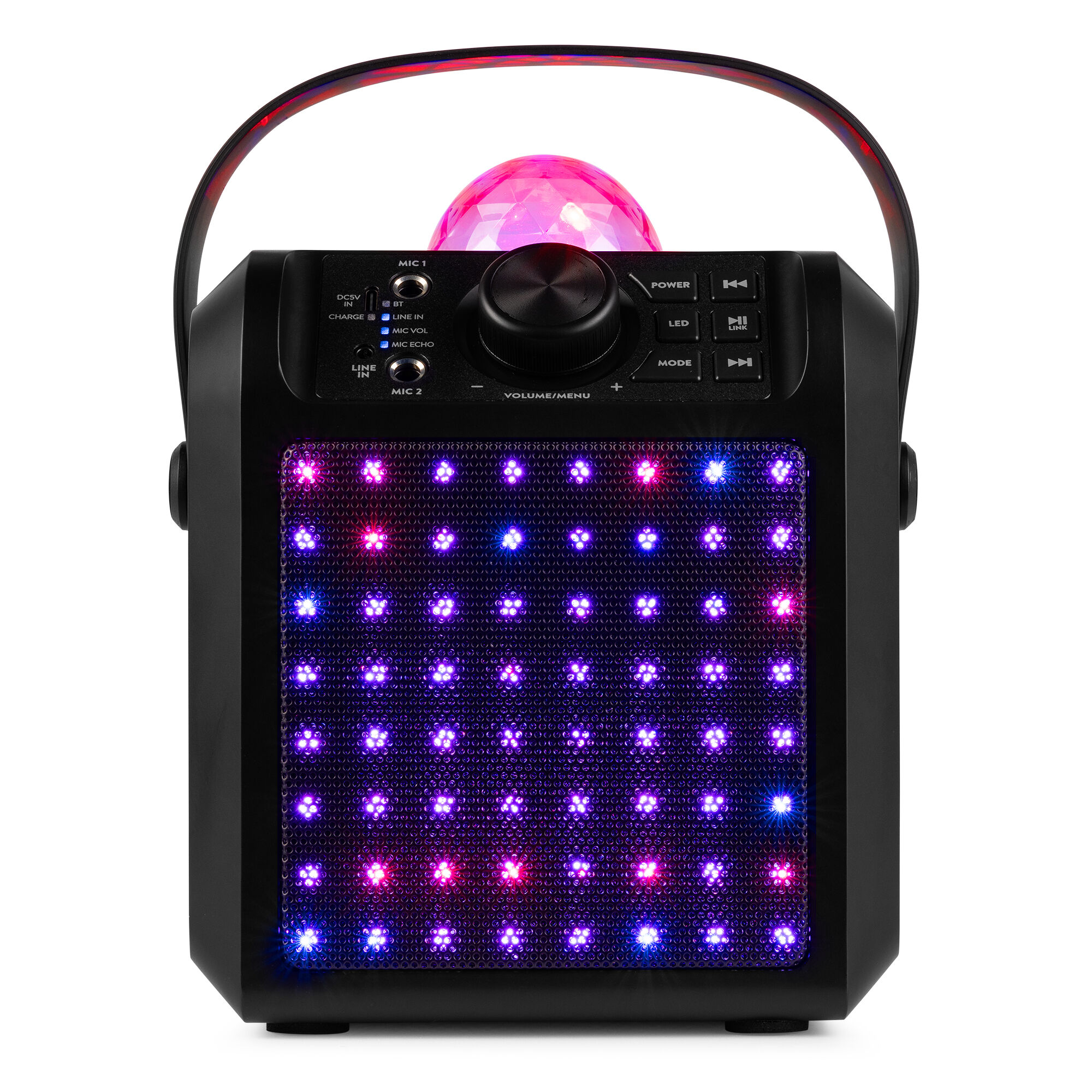 Un altavoz negro con asa, bola de discoteca y panel de luces con luces rojas, azules y moradas.
