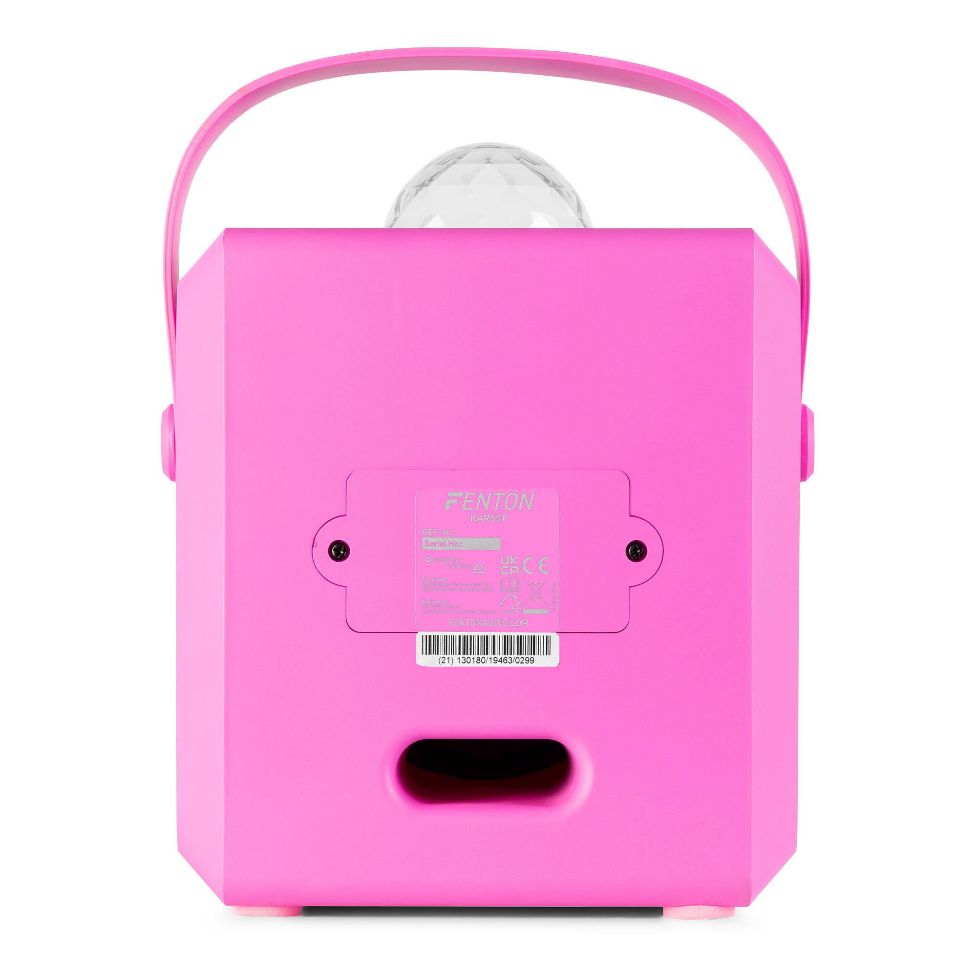 Altavoz rosa Fenton con asa y bola de discoteca. Detalles incluyen etiqueta, número de serie y código de barras atrás.