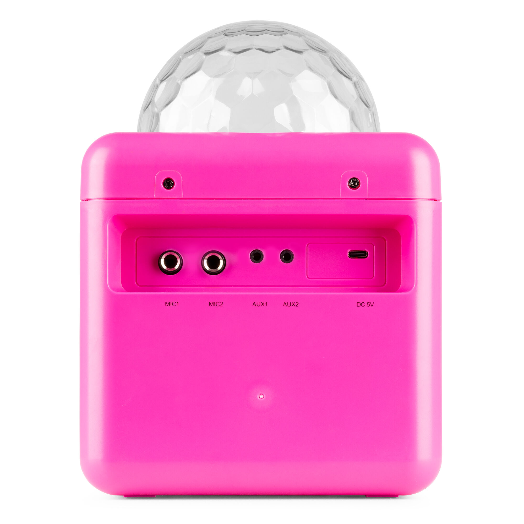 Altavoz rosa con parte superior de bola de discoteca. Tiene puertos de micrófono, aux y alimentación. Fondo blanco.