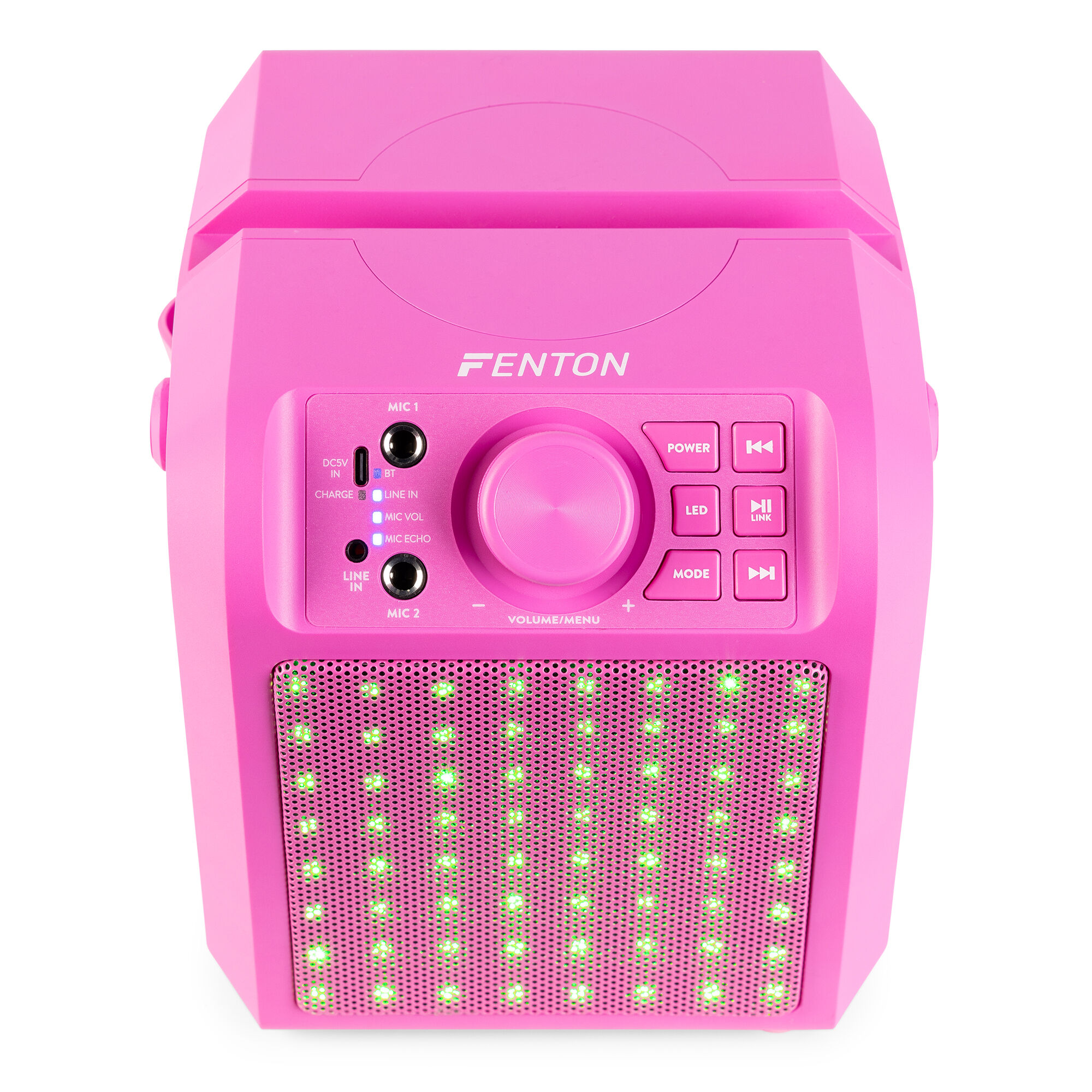 Altavoz Fenton rosa con controles, botones y rejilla de altavoz con luces verdes. Cuenta con puertos para micrófonos y entrada.