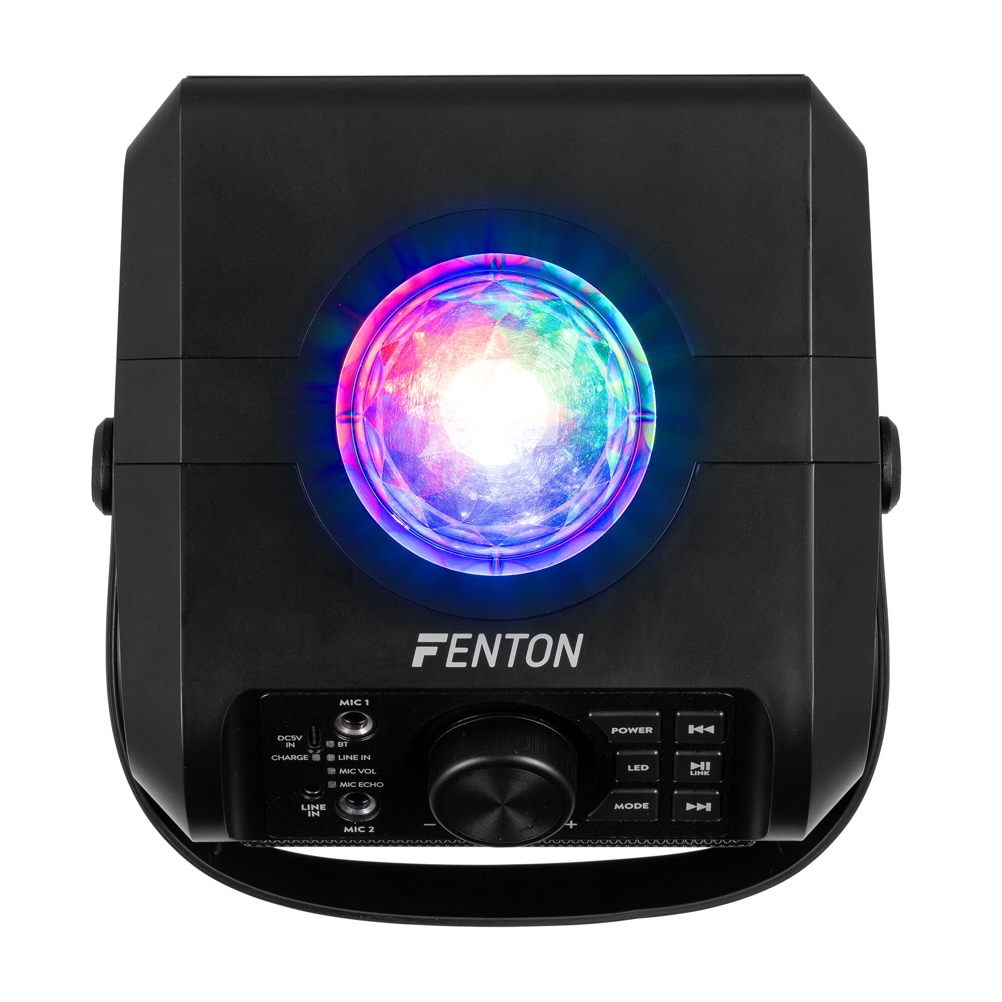 Un altavoz negro Fenton tiene una luz colorida en el centro, botones y el nombre de la marca en la parte superior.