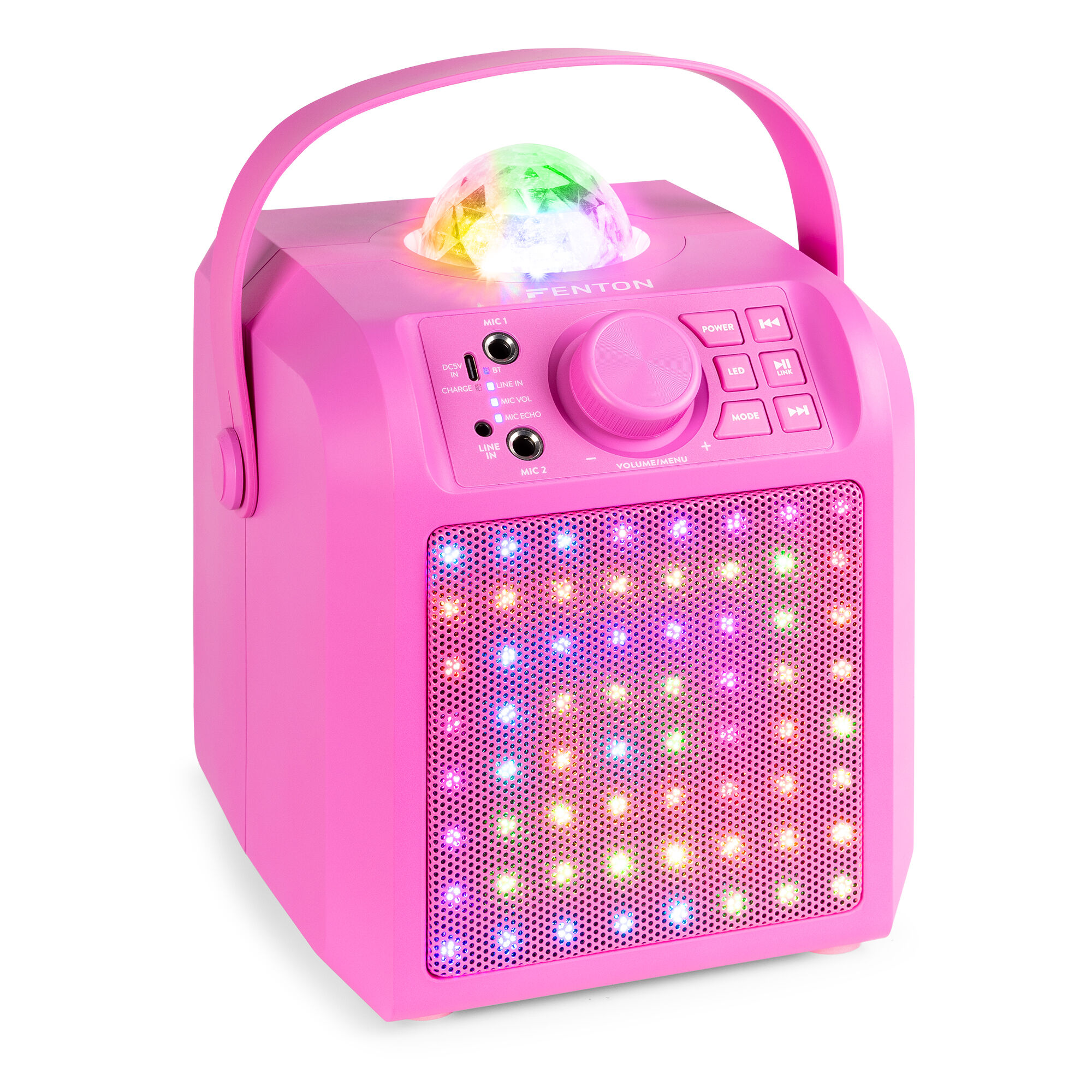 Altavoz FENTON rosa con asa, bola de discoteca y panel frontal iluminado. Controles: volumen, encendido y modo.