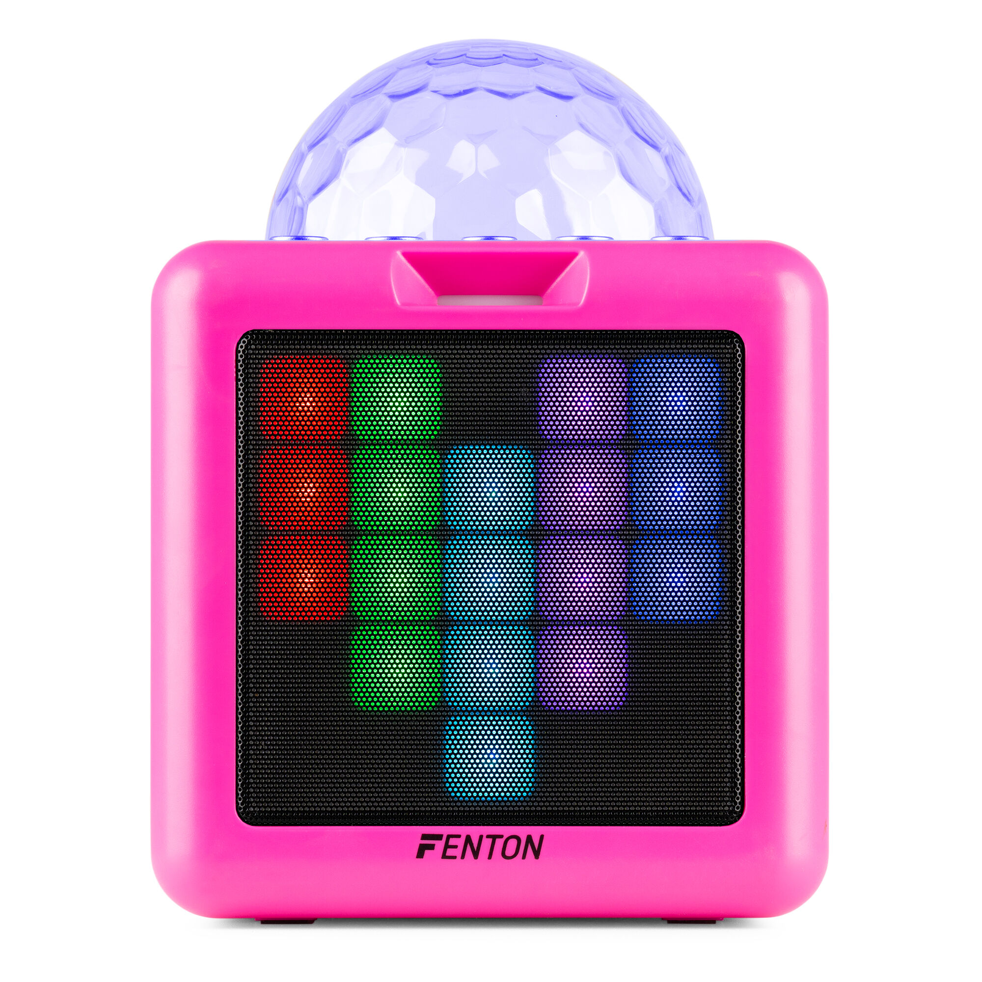 Altavoz rosa con bola de discoteca encima. El altavoz tiene una pantalla de luz con luces rojas, verdes, azules y moradas.