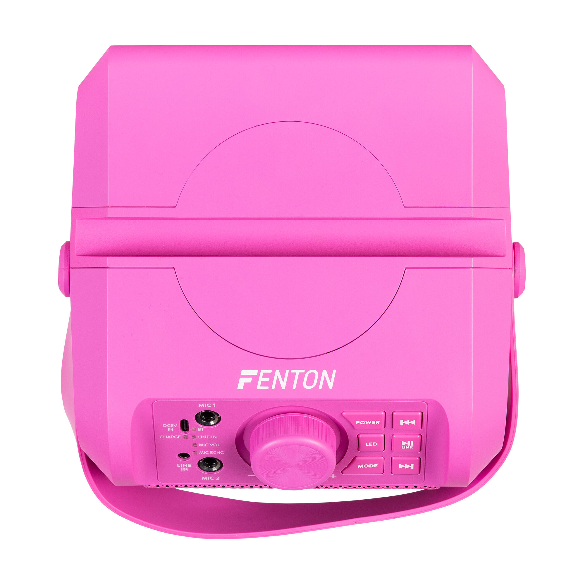 Se muestra un altavoz Fenton rosa, con botones y una perilla grande. El altavoz tiene un asa y varias opciones de entrada.