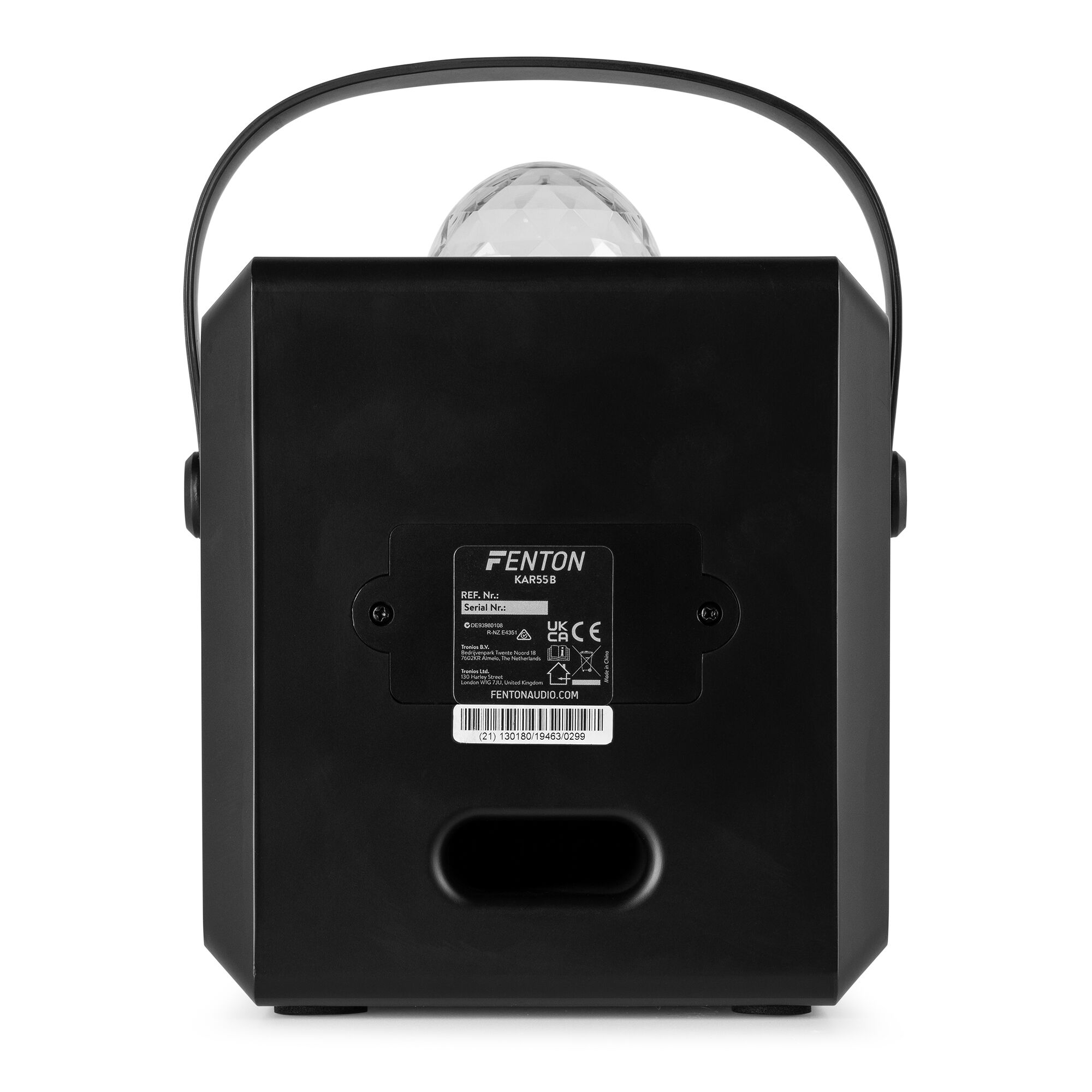 Una luz de discoteca negra Fenton KAR55B con asa, cúpula transparente y etiqueta con especificaciones.