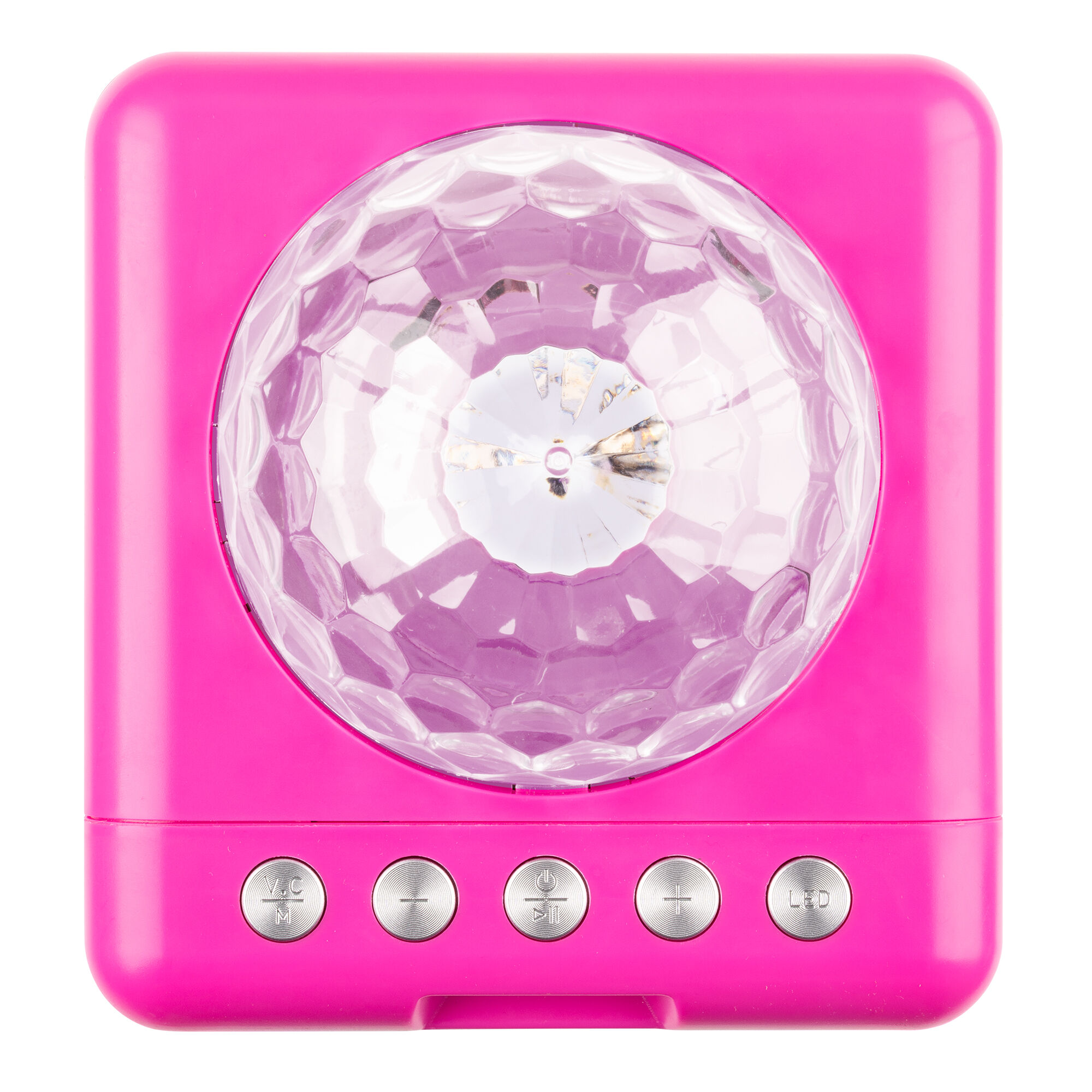 Un altavoz de bola de discoteca rosa. Tiene botones en la parte delantera. En el centro hay una esfera transparente y facetada.