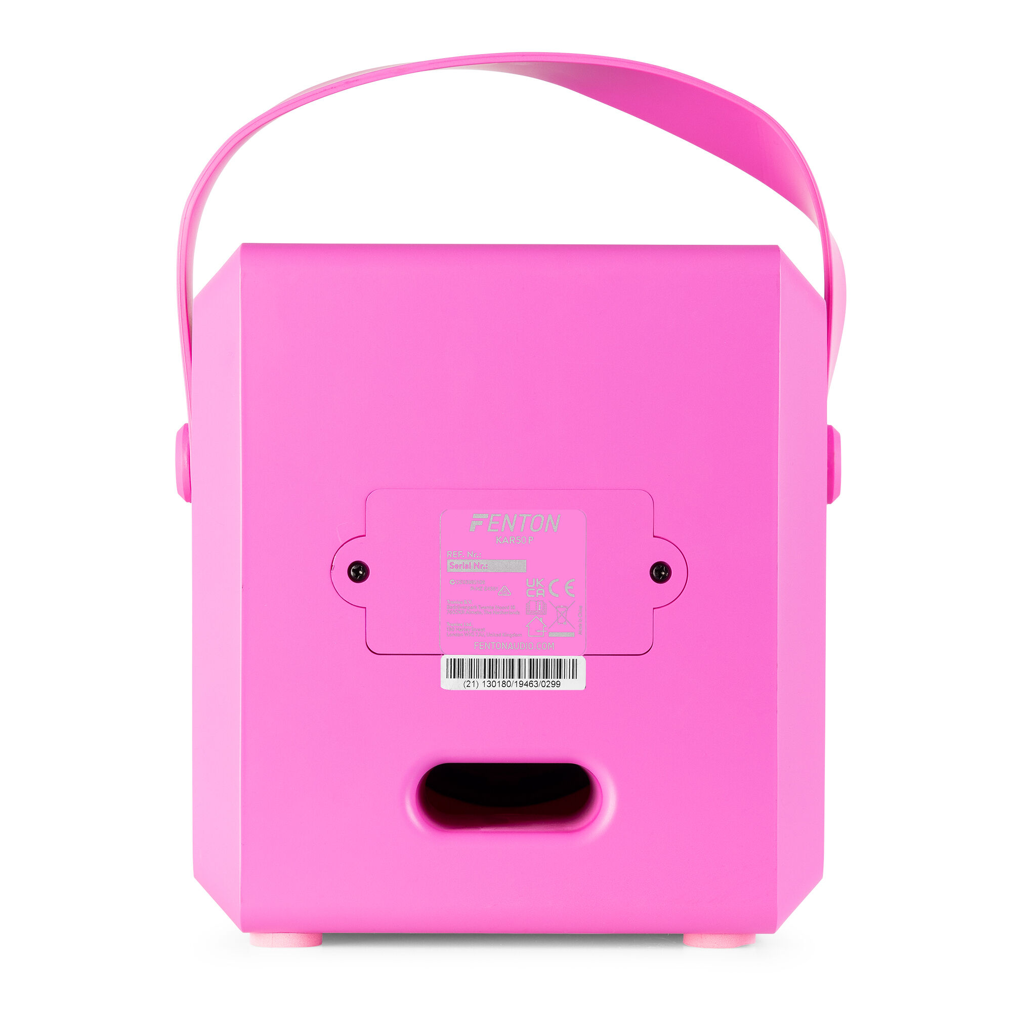 Un altavoz rosa con asa. Tiene una etiqueta en la parte trasera.