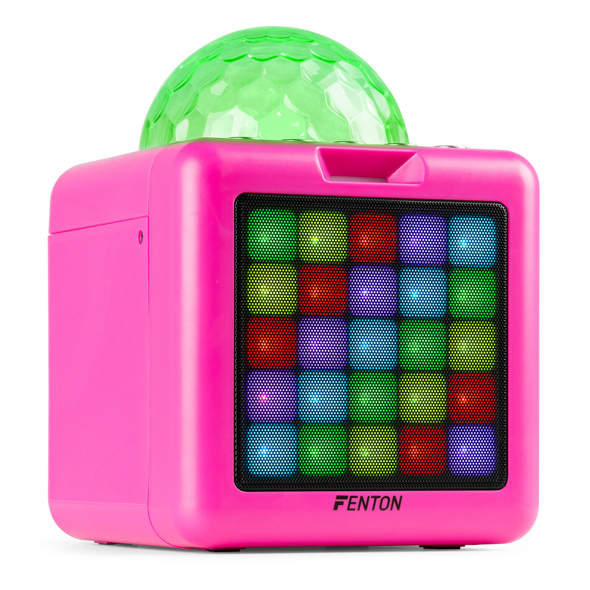 Un altavoz rosa en forma de cubo con una bola de discoteca verde encima. La parte delantera tiene una cuadrícula de luces de colores.