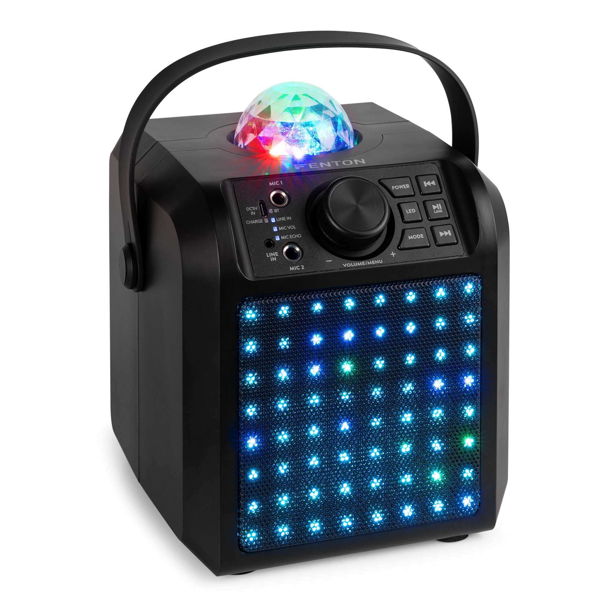Un altavoz Fenton negro con asa, bola de discoteca y luces LED. Los controles incluyen encendido, modo y volumen.